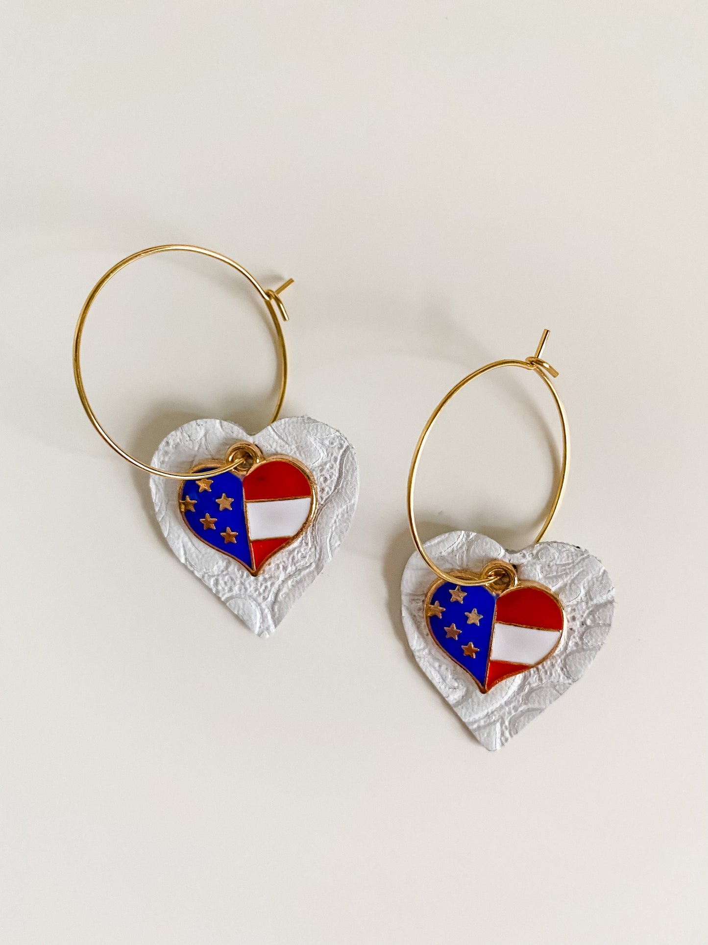 Americana Earrings, American Flag Earrings, 4th of July Patriotic Earrings, Red White Blue, Gold Hoop Earrings White Leather Heart Dangle