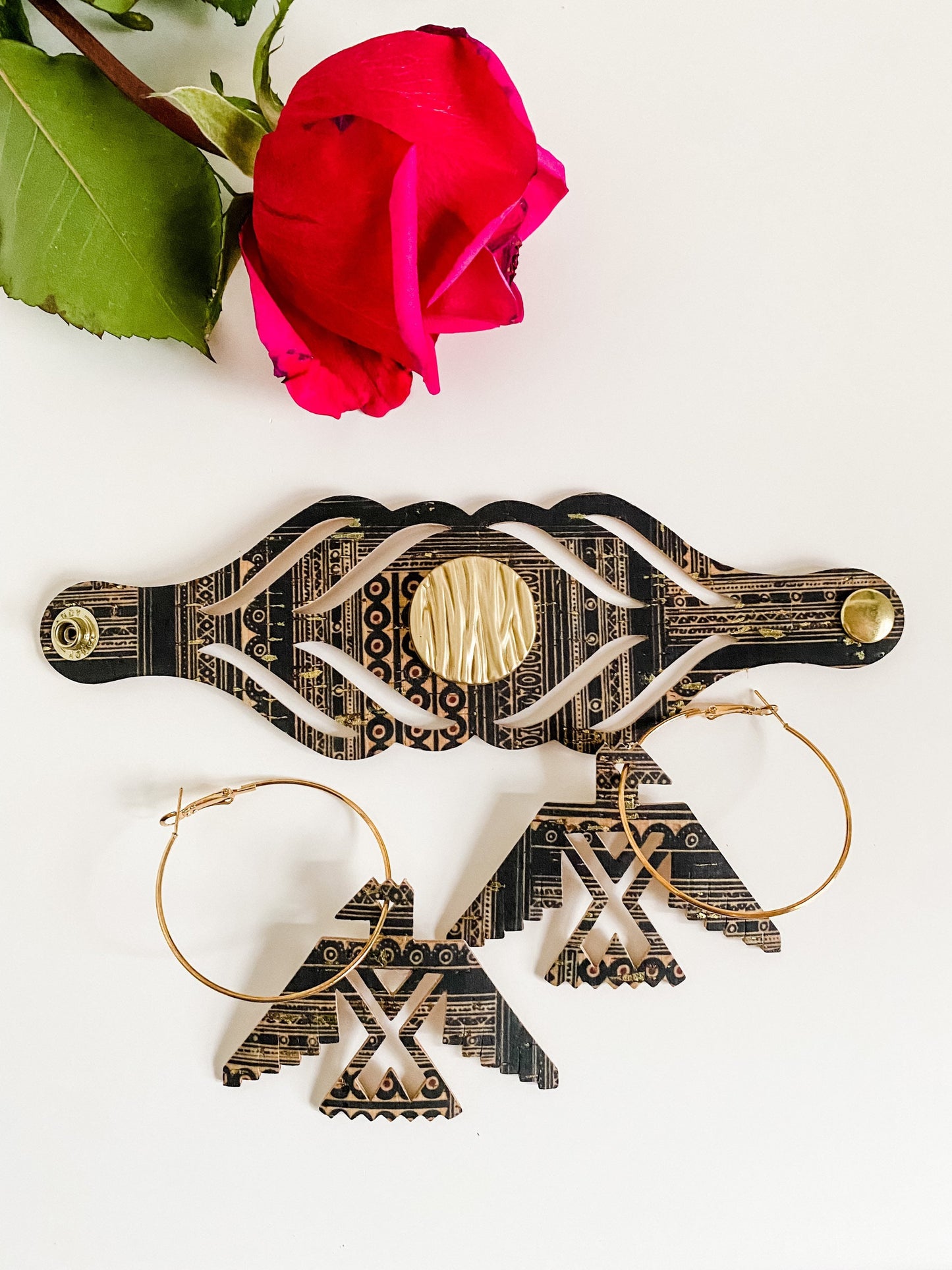 Aztec Phoenix Jewelry Set, Thunderbird Gold Hoop Earrings, Concho Bracelet, Boho Southwestern Jewelry Set, Thunderbird Earrings and Cuff