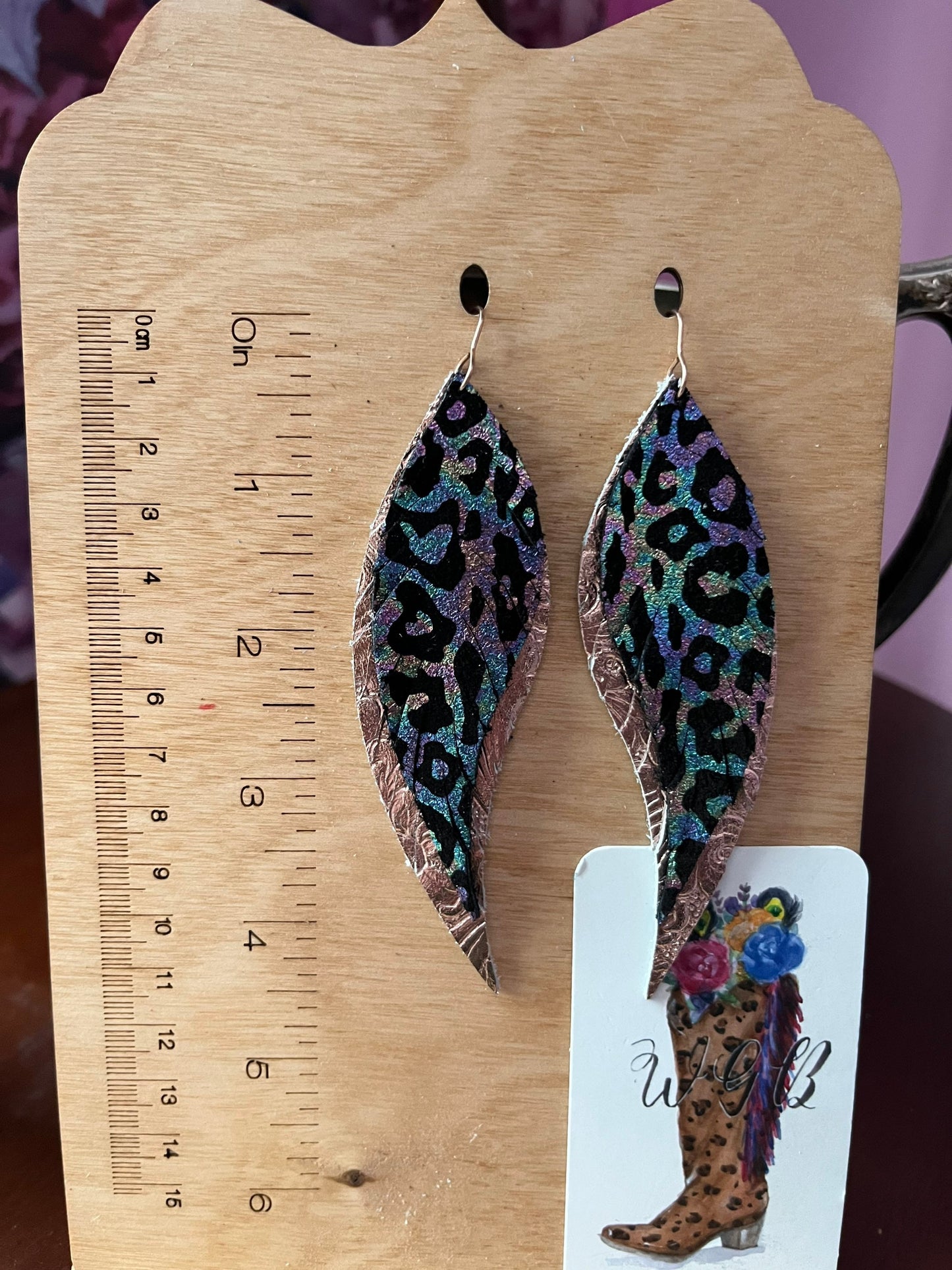 Big Leather Feather Earrings, Rainbow Metallic Leopard Earrings, Rose Gold Western Earrings, Maximalist Earrings, Coastal Cowgirl Earrings