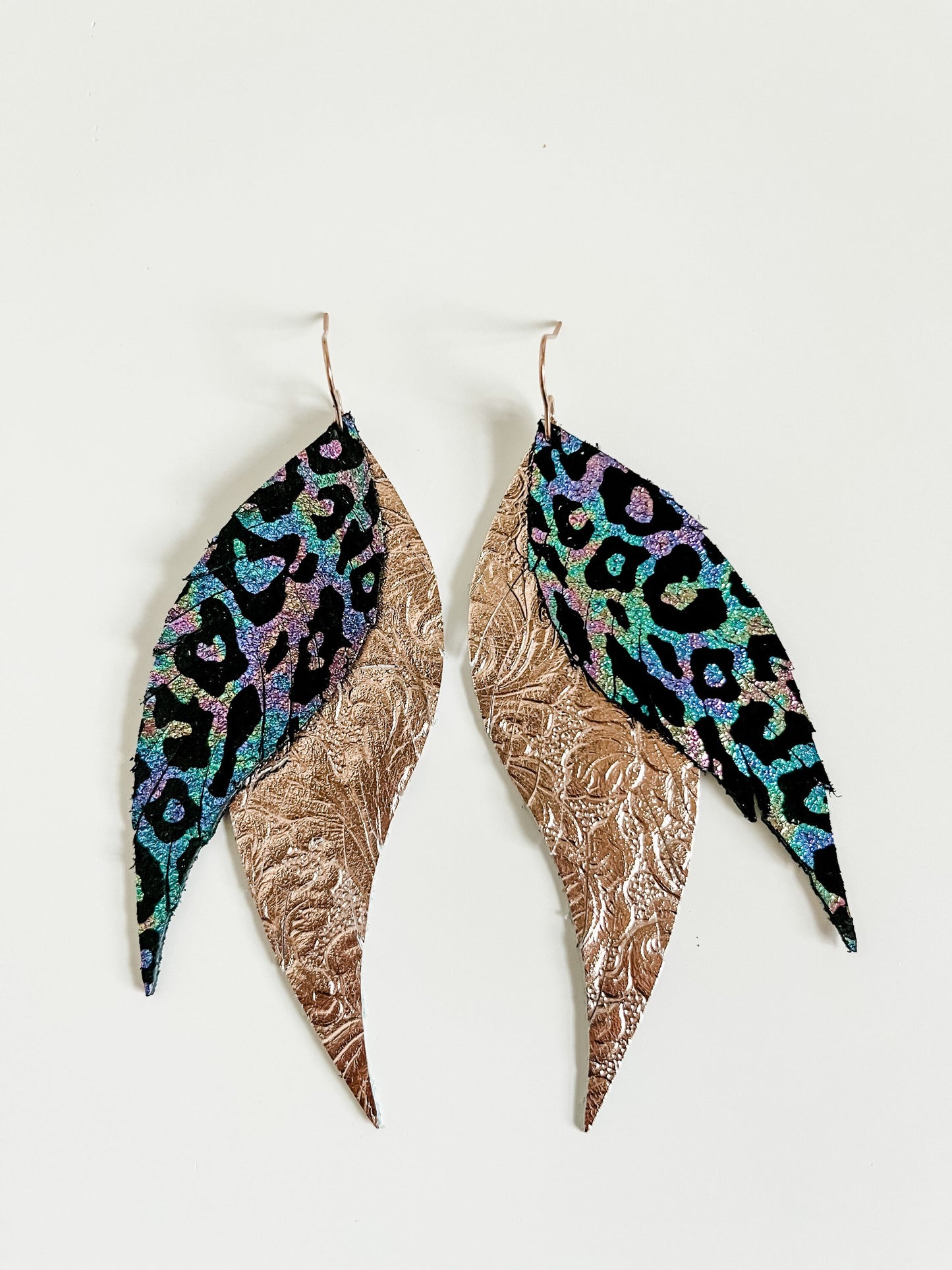 Big Leather Feather Earrings, Rainbow Metallic Leopard Earrings, Rose Gold Western Earrings, Maximalist Earrings, Coastal Cowgirl Earrings