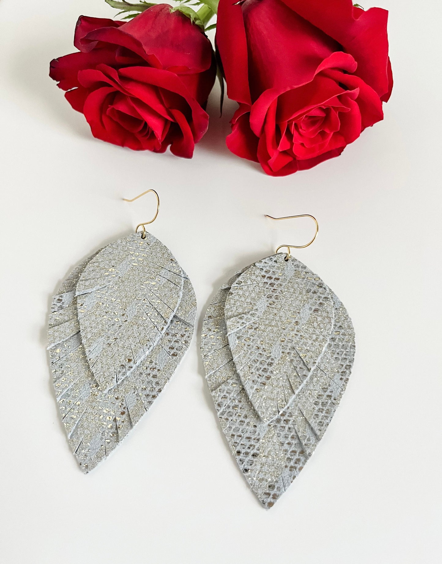 Big Leather Feather Earrings, Metallic Cream Leather Feather Earrings, Festival Earrings, Western Earrings, Boho Chic Wedding Earrings