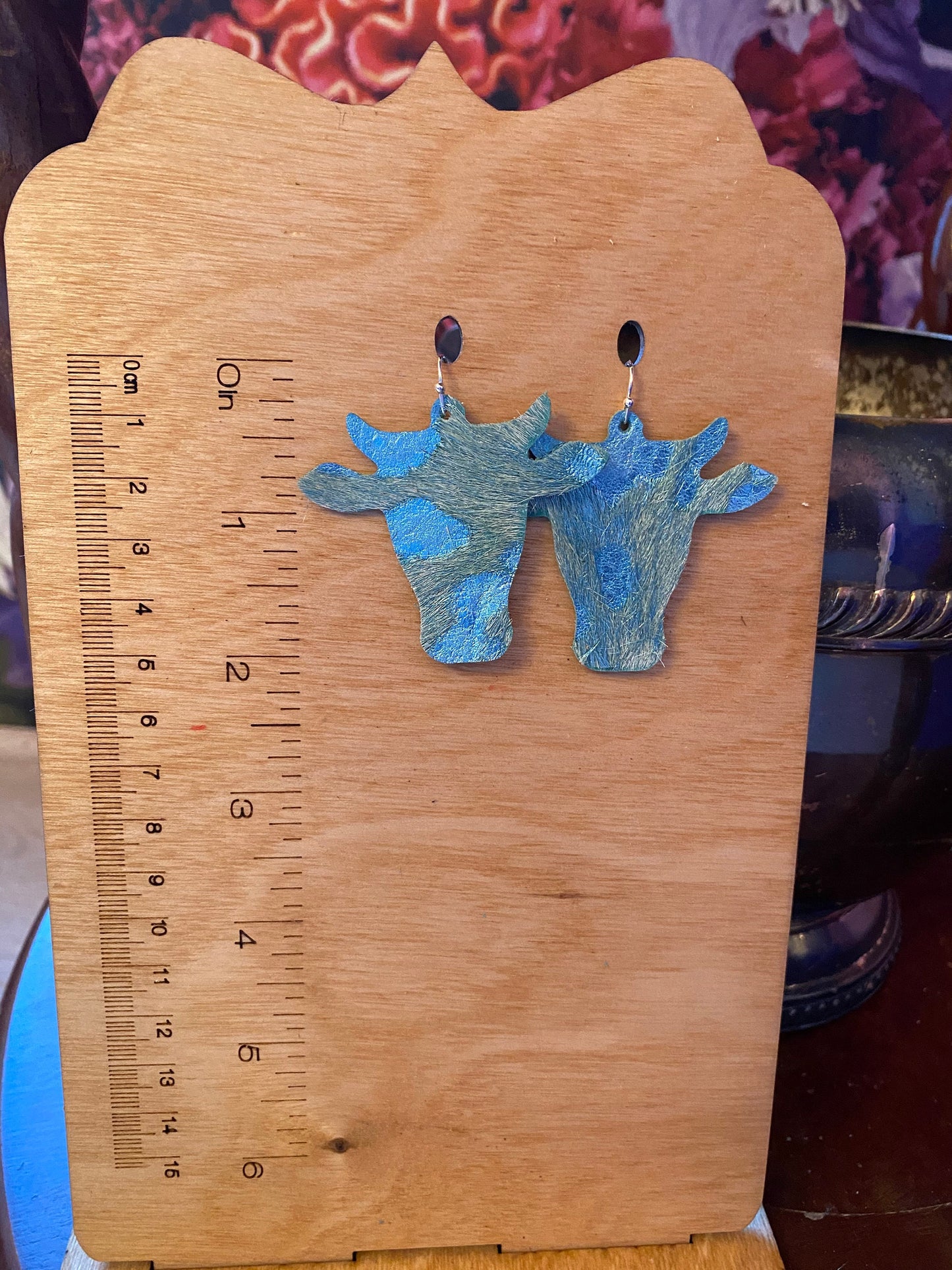 Punchy Cow Earrings in Metallic Teal Acid Wash Hair on Hide, Longhorn Earrings, Steer Skull Earrings, Coastal Cowgirl Western Earrings