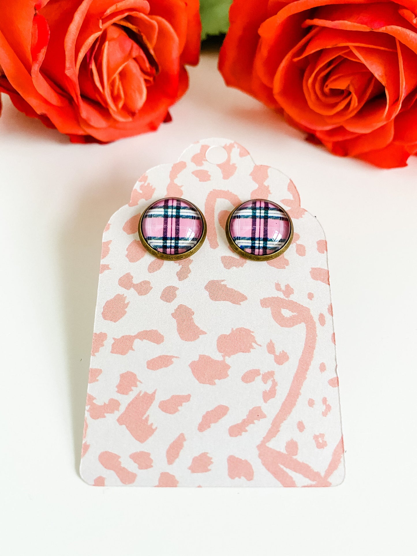 Pink and Black Tartan Plaid Stud Earrings, Barbiecore Earrings, Pink Plaid Earrings, Best Friend Birthday Gift for Her, Teacher Earrings