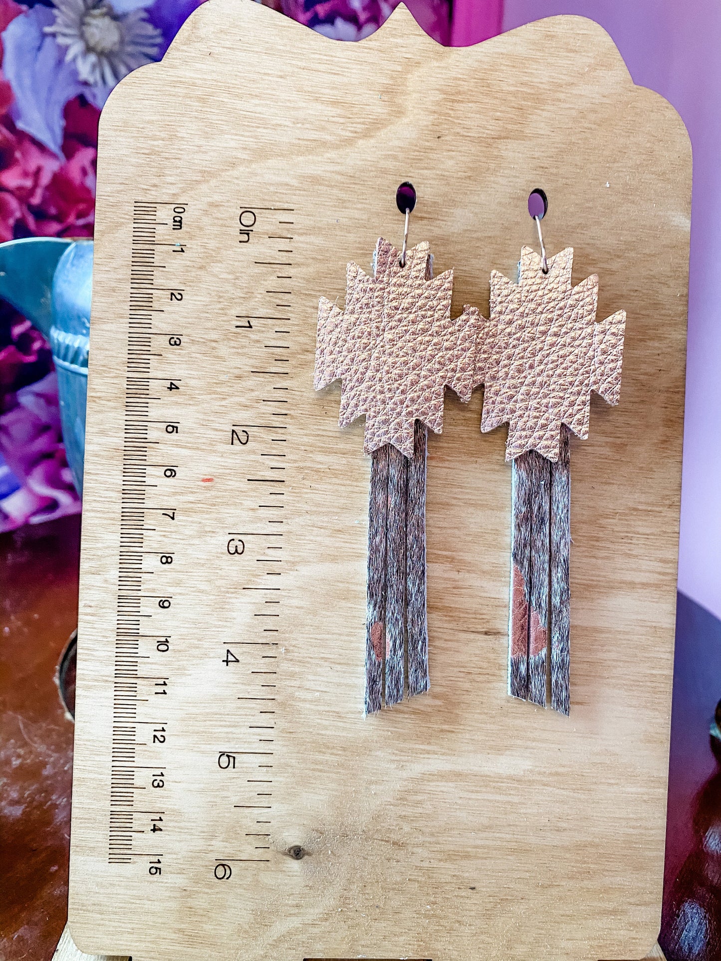 Rose Gold Aztec Fringe Earrings, Metallic Rose Gold Leather and Hair on Hide, Western Coastal Cowgirl Earrings, Punchy Earrings, Aztec Cross