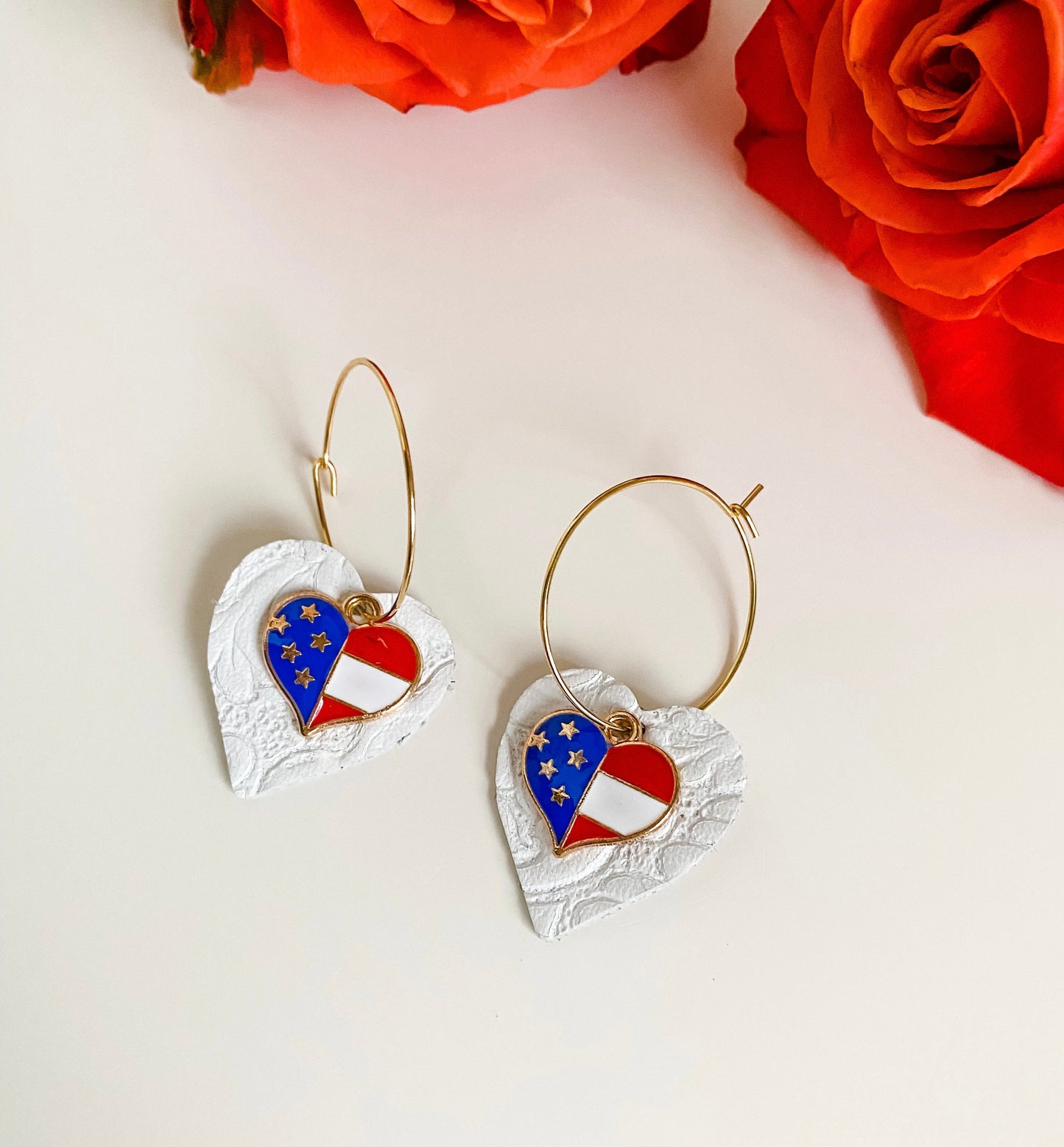 Americana Earrings, American Flag Earrings, 4th of July Patriotic Earrings, Red White Blue, Gold Hoop Earrings White Leather Heart Dangle