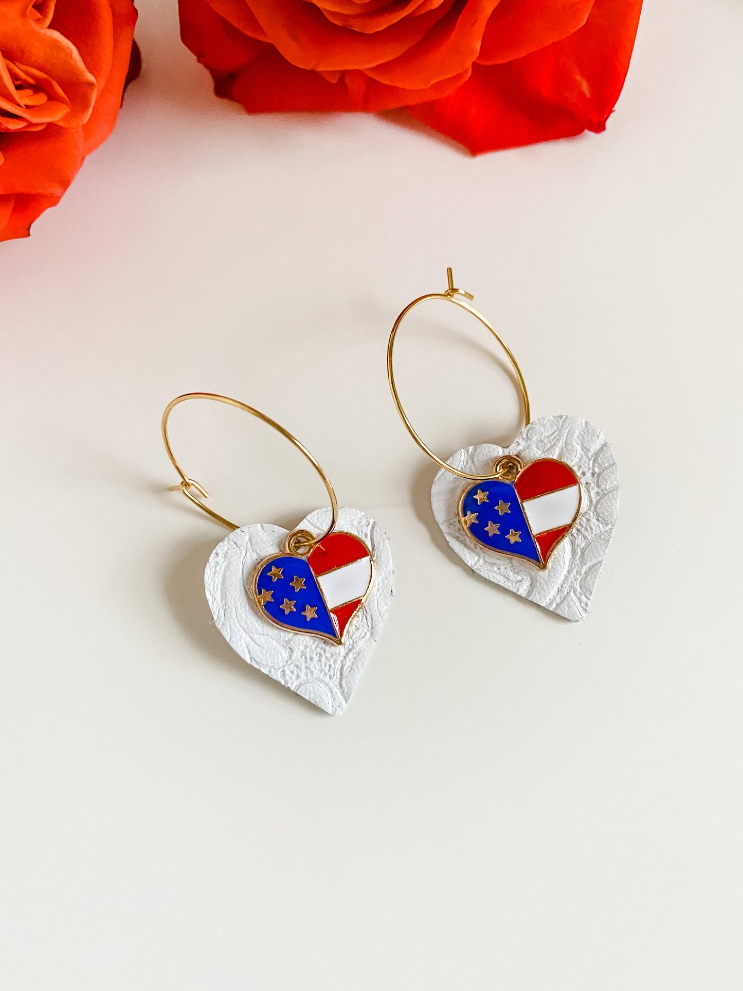 Americana Earrings, American Flag Earrings, 4th of July Patriotic Earrings, Red White Blue, Gold Hoop Earrings White Leather Heart Dangle