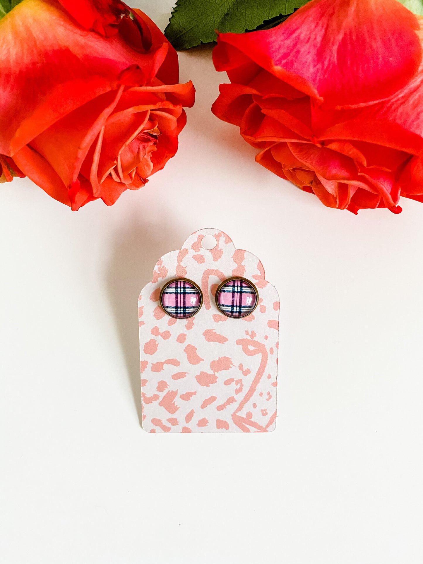 Pink and Black Tartan Plaid Stud Earrings, Barbiecore Earrings, Pink Plaid Earrings, Best Friend Birthday Gift for Her, Teacher Earrings