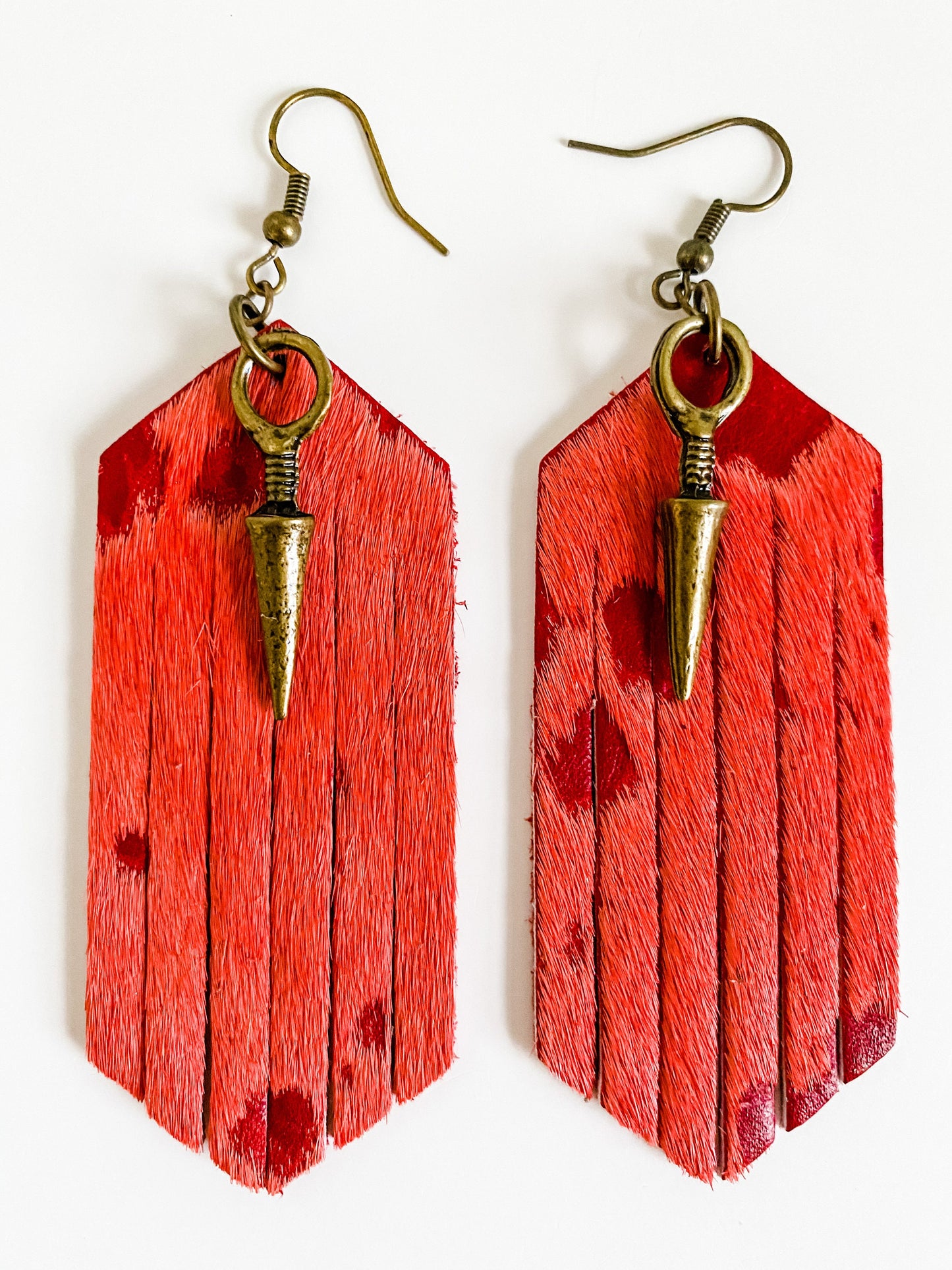 Red Cowhide Fringe Earrings with Bronze Spike Dangles, Punchy Western Earrings, Boho Tribal Chic Earrings, Festival Fashion Jewelry