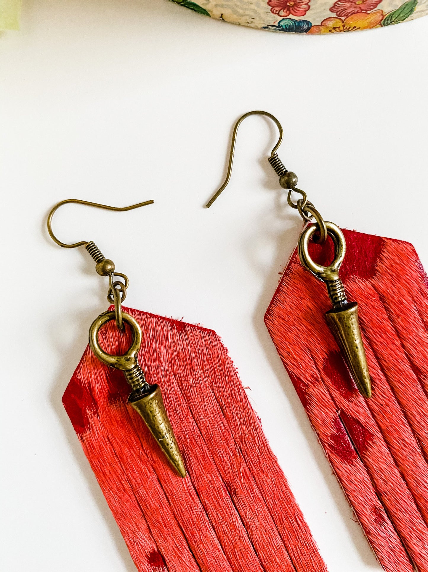 Red Cowhide Fringe Earrings with Bronze Spike Dangles, Punchy Western Earrings, Boho Tribal Chic Earrings, Festival Fashion Jewelry