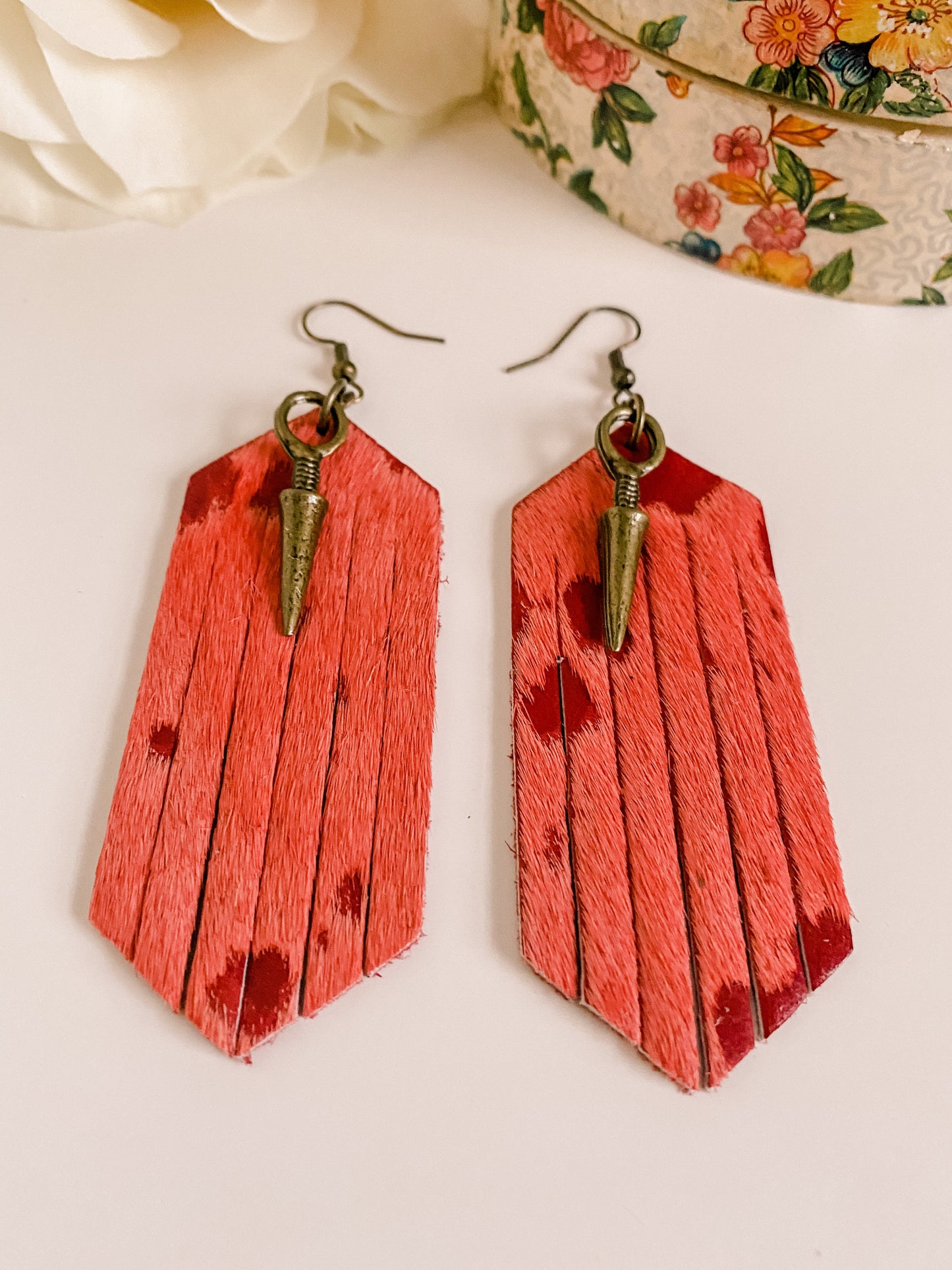 Red Cowhide Fringe Earrings with Bronze Spike Dangles, Punchy Western Earrings, Boho Tribal Chic Earrings, Festival Fashion Jewelry