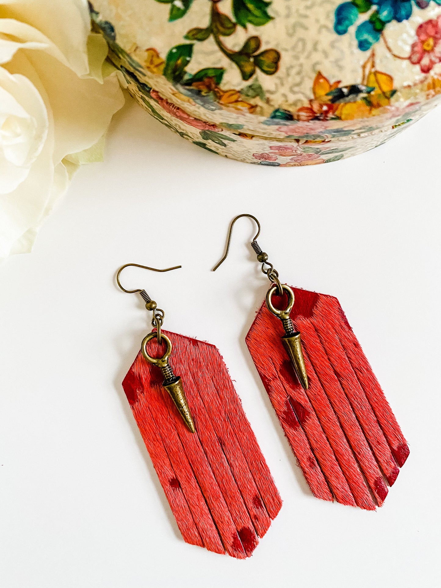 Red Cowhide Fringe Earrings with Bronze Spike Dangles, Punchy Western Earrings, Boho Tribal Chic Earrings, Festival Fashion Jewelry