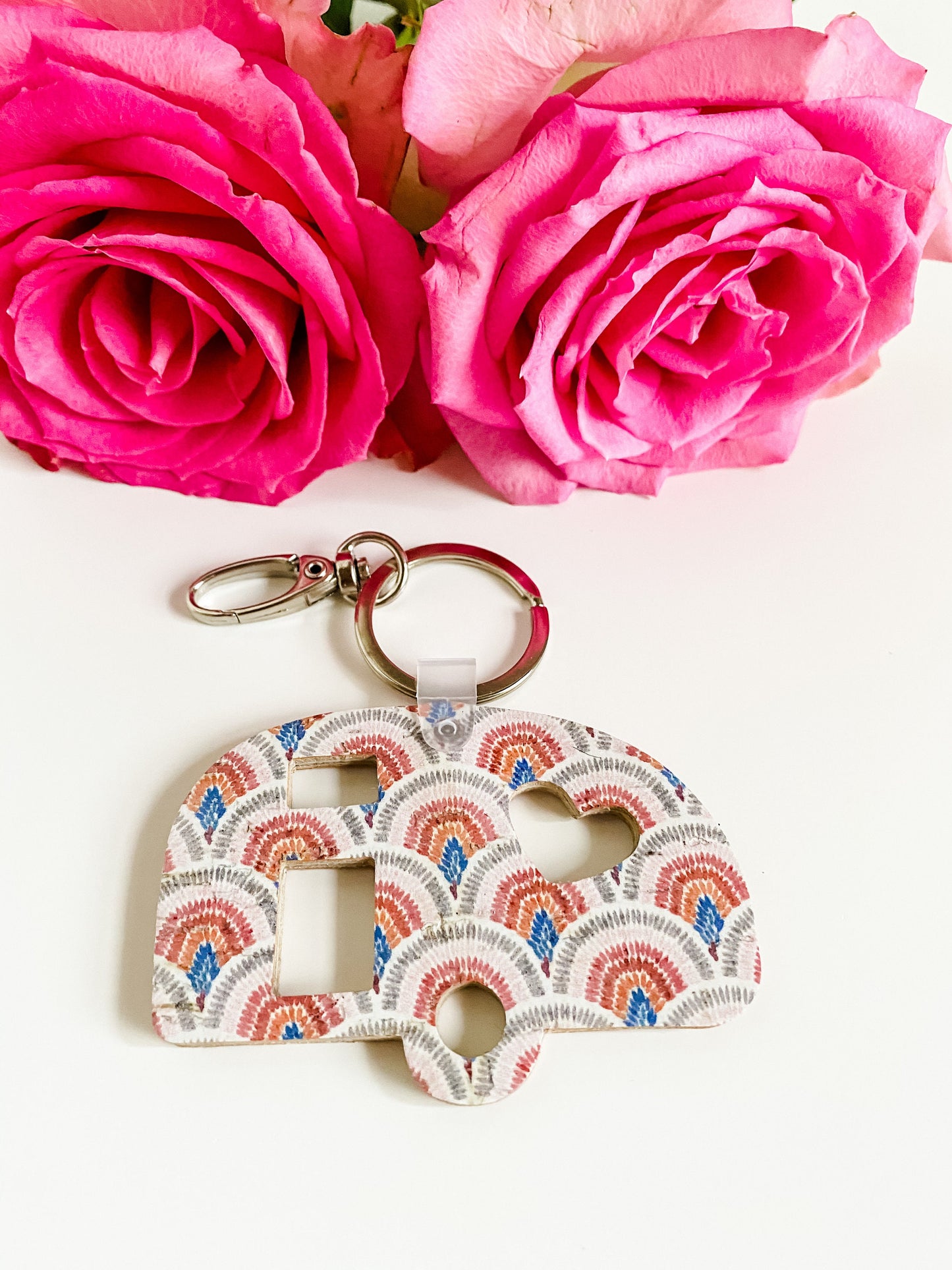 Vintage Camper Keychain, Glamping Gift,  Gypsy Wagon Keychain, Boho Grunge Rainbow Print, Airstream Keychain, Purse Charm Bag Flair