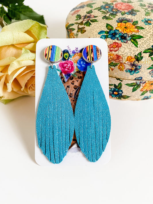 Turquoise Leather Fringe Earrings on Serape Leopard Stud Posts, Western Fringe Earrings, Handmade Leather Earrings, Cowgirl Chic Earrings