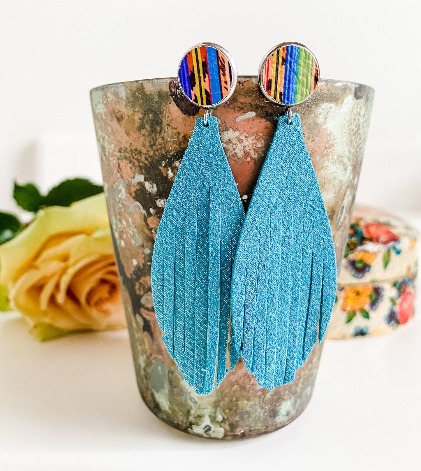 Turquoise Leather Fringe Earrings on Serape Leopard Stud Posts, Western Fringe Earrings, Handmade Leather Earrings, Cowgirl Chic Earrings