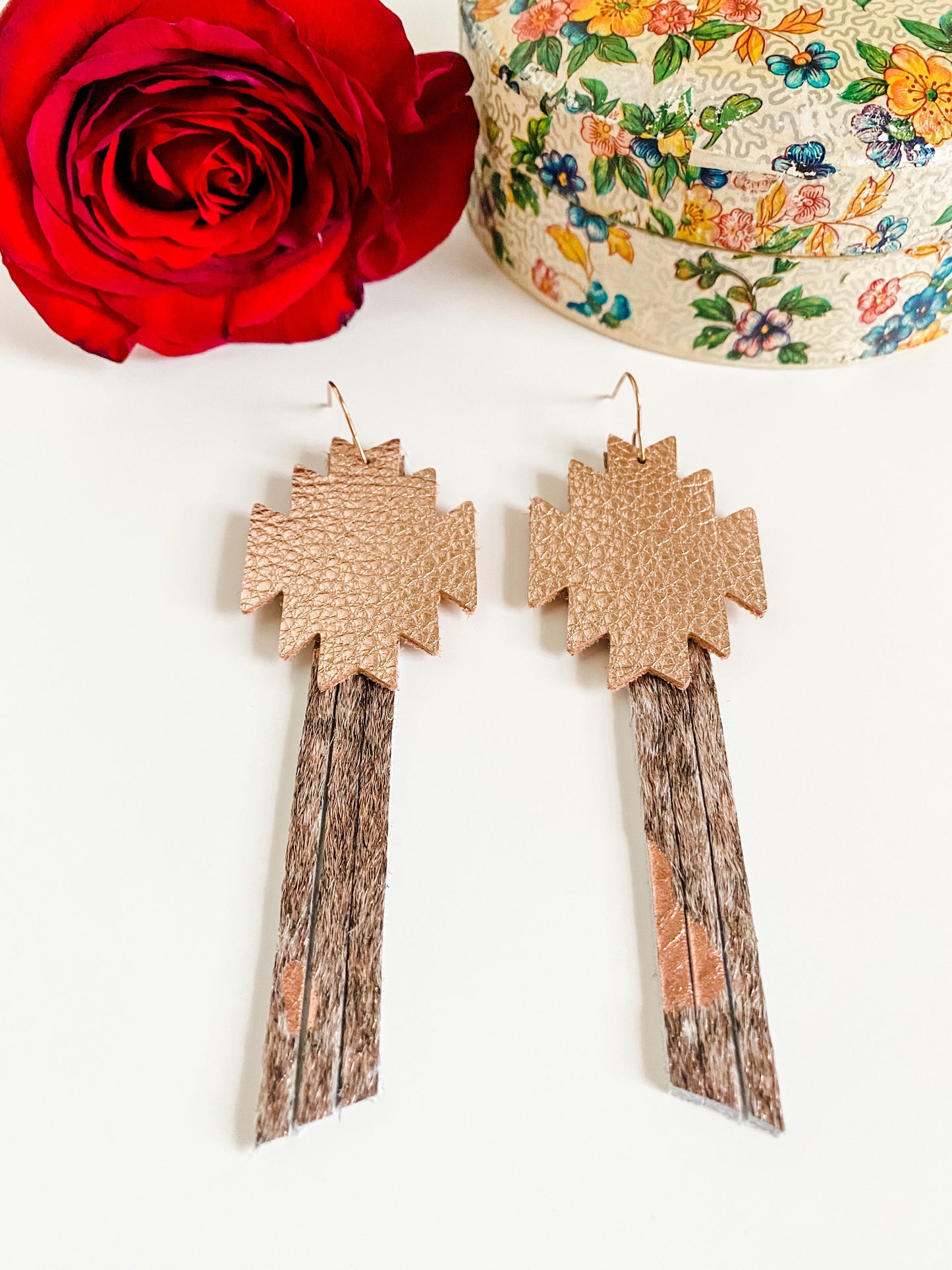 Rose Gold Aztec Fringe Earrings, Metallic Rose Gold Leather and Hair on Hide, Western Coastal Cowgirl Earrings, Punchy Earrings, Aztec Cross