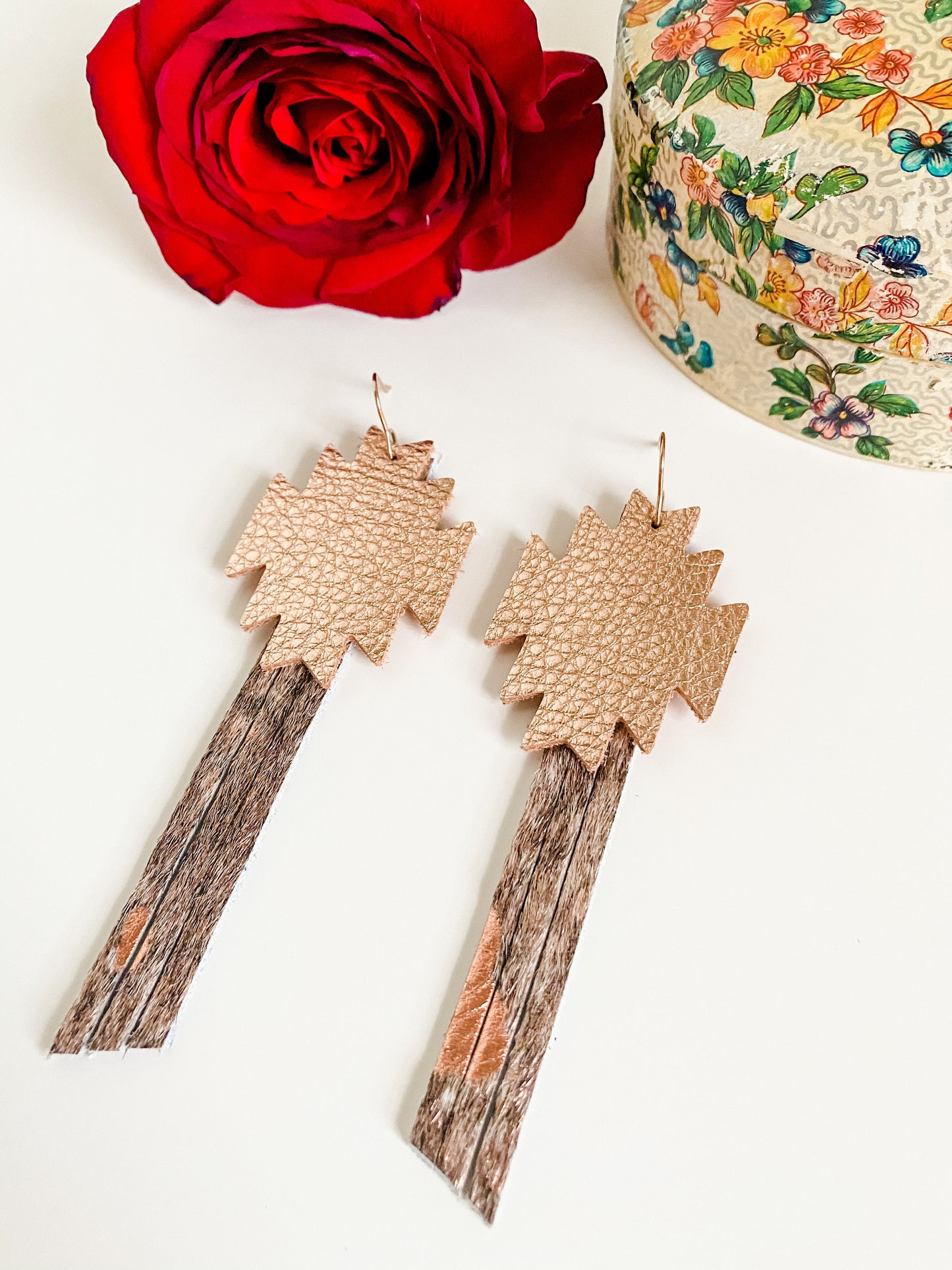 Rose Gold Aztec Fringe Earrings, Metallic Rose Gold Leather and Hair on Hide, Western Coastal Cowgirl Earrings, Punchy Earrings, Aztec Cross