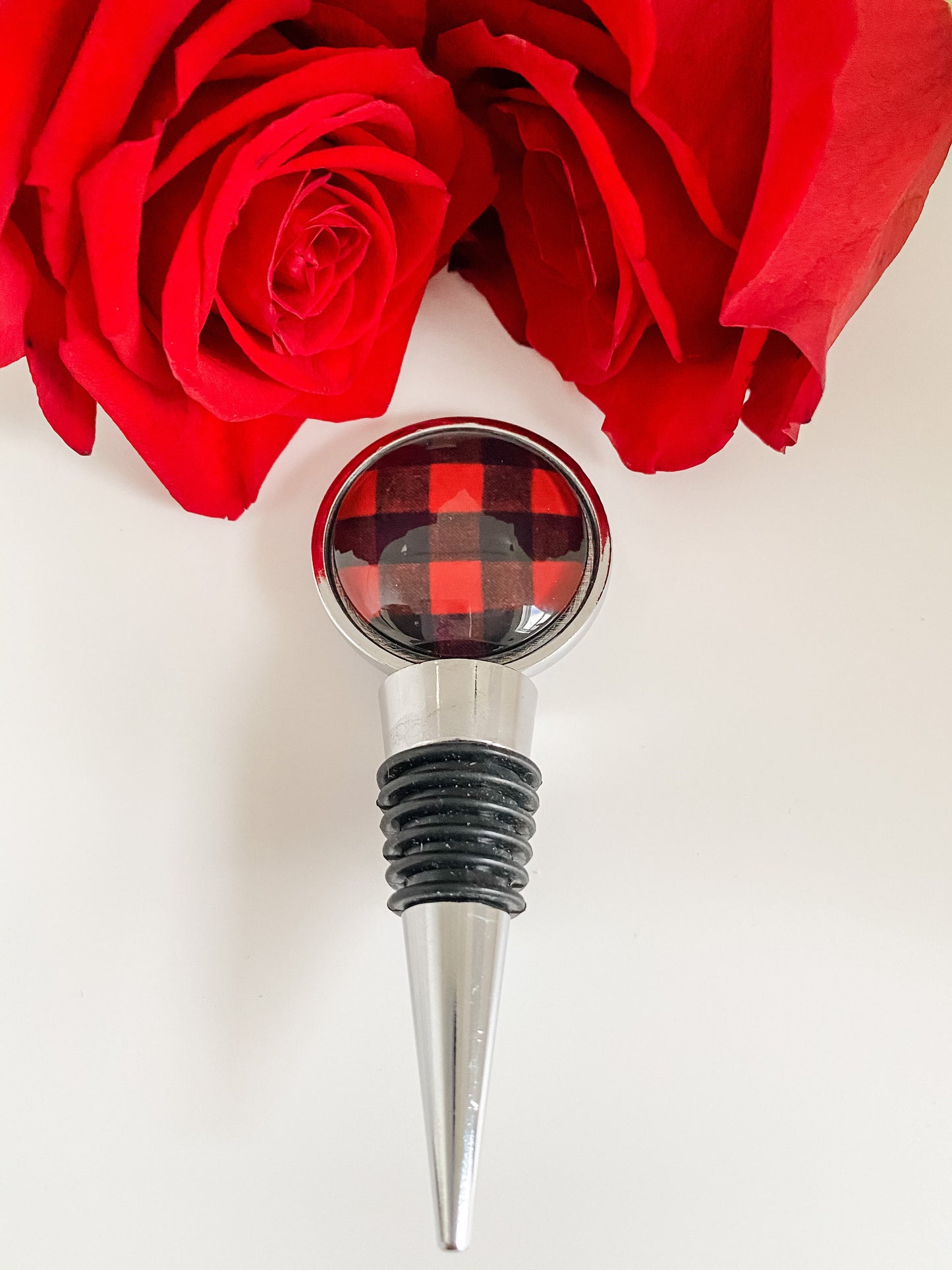 Buffalo Plaid Wine Bottle Stopper, Winter Holiday Barware, Red and Black Buffalo Check Bottle Stopper, Wine Drinker Gift, Gift for Him