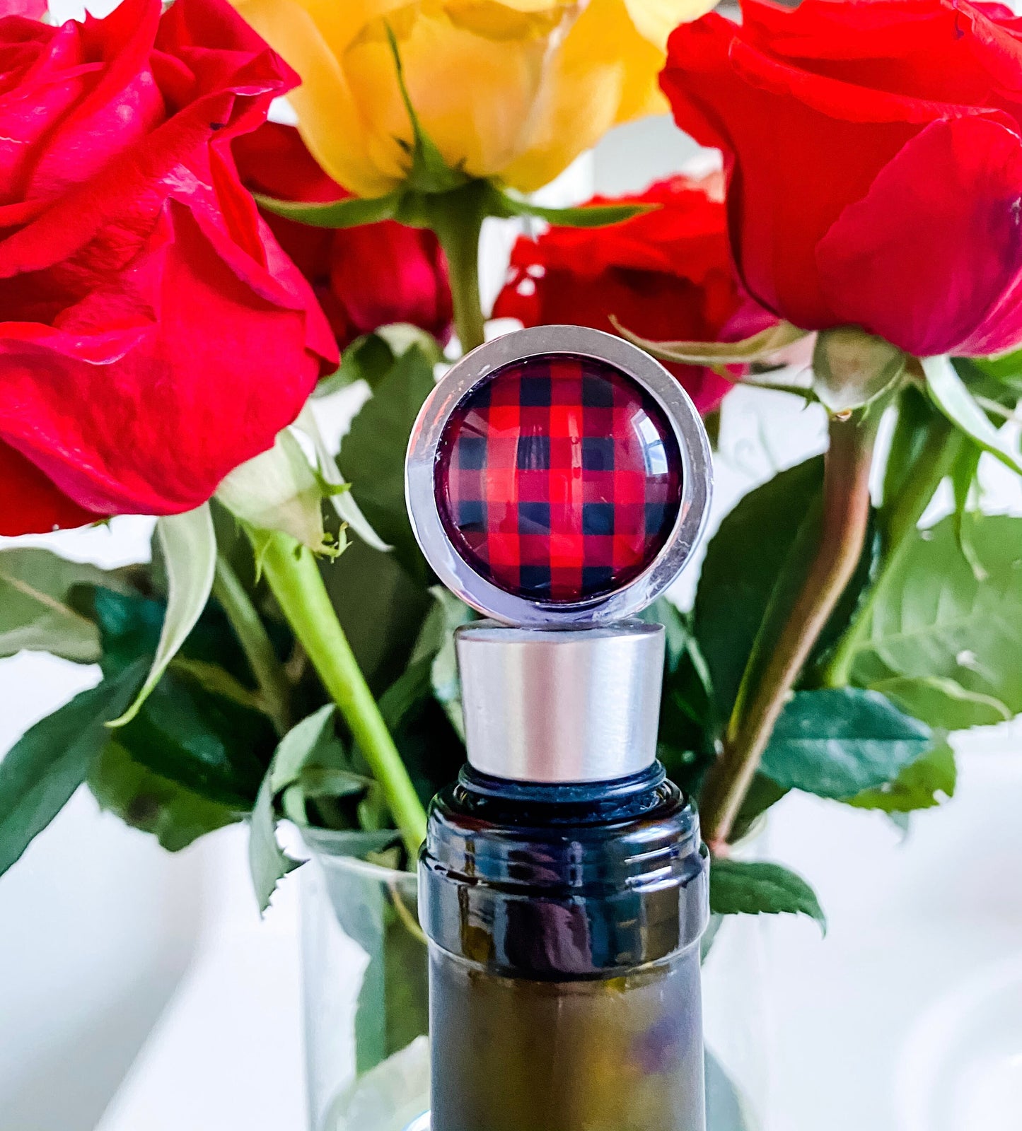 Red and Black Buffalo Plaid Wine Bottle Stopper, Buffalo Check Wine Bottle Stopper, Unique Barware Gift, Holiday Barware, Unisex Gift