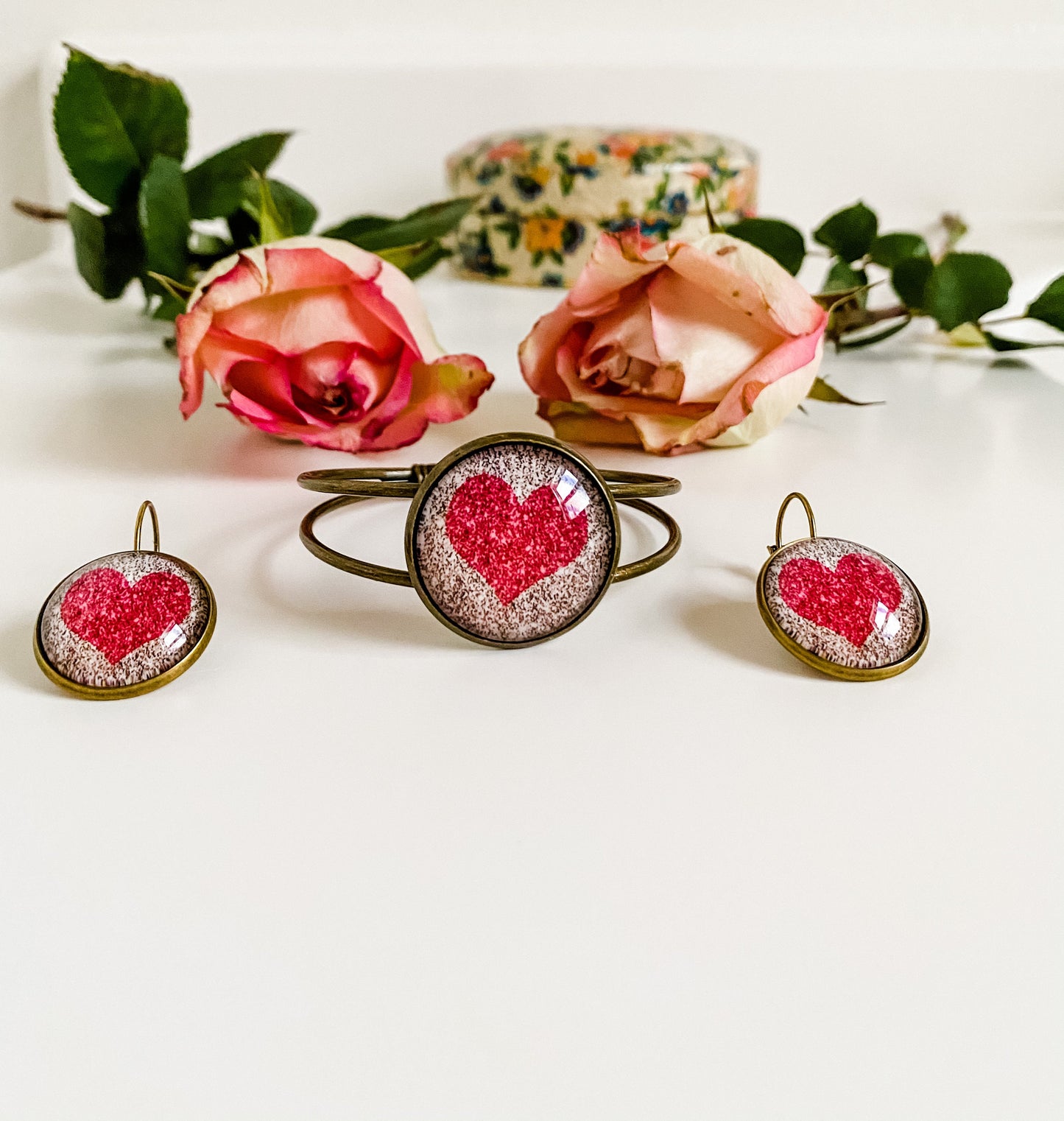 Pink Heart Bracelet and Earrings Set, Small Lever Back Earrings, Heart Bracelet, Heart Jewelry, Best Friend Gift for Her, Teacher Gift