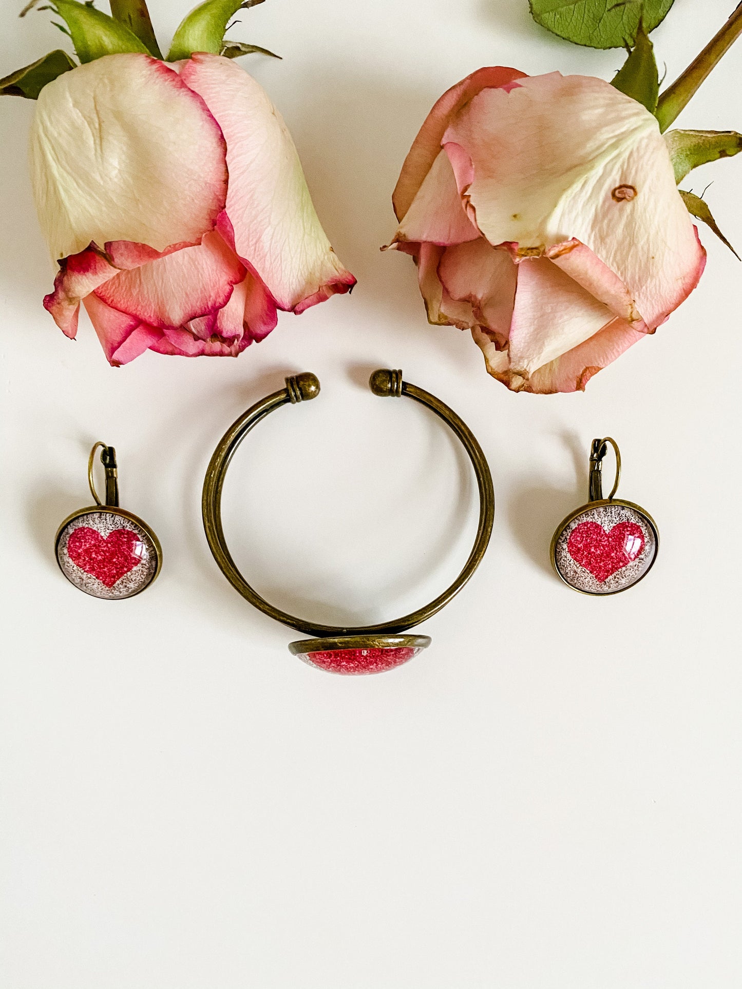 Pink Heart Bracelet and Earrings Set, Small Lever Back Earrings, Heart Bracelet, Heart Jewelry, Best Friend Gift for Her, Teacher Gift