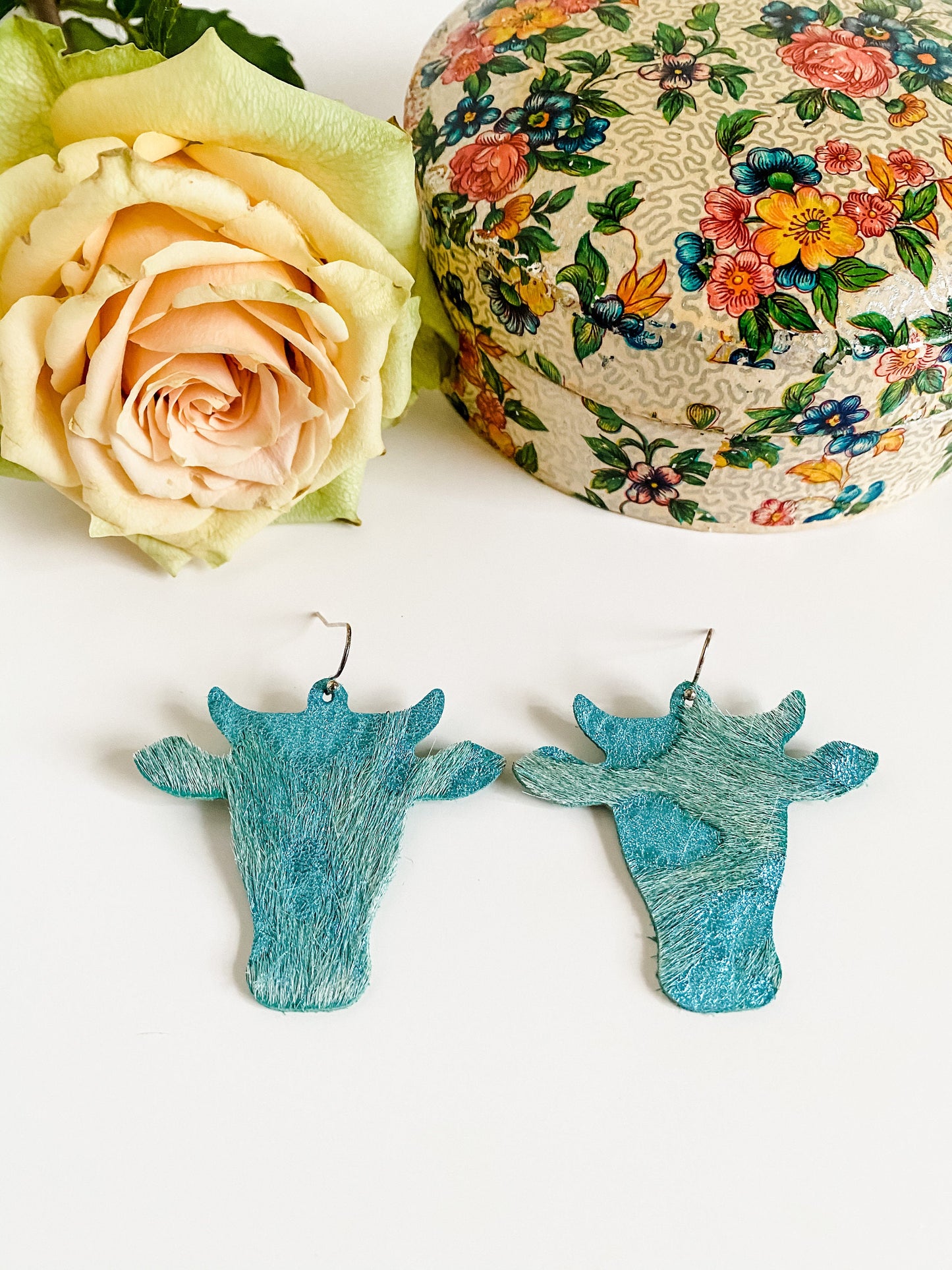 Punchy Cow Earrings in Metallic Teal Acid Wash Hair on Hide, Longhorn Earrings, Steer Skull Earrings, Coastal Cowgirl Western Earrings