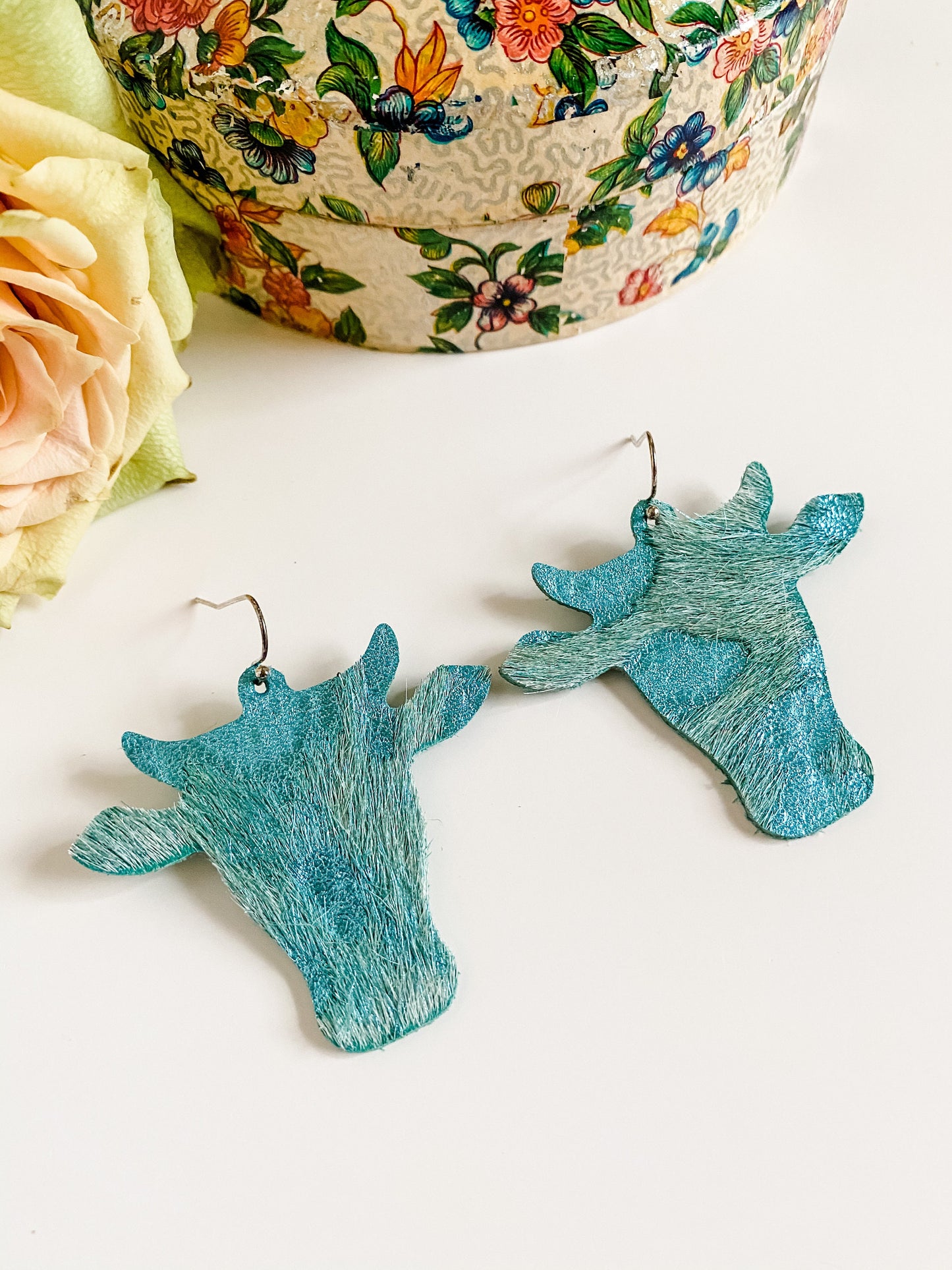 Punchy Cow Earrings in Metallic Teal Acid Wash Hair on Hide, Longhorn Earrings, Steer Skull Earrings, Coastal Cowgirl Western Earrings