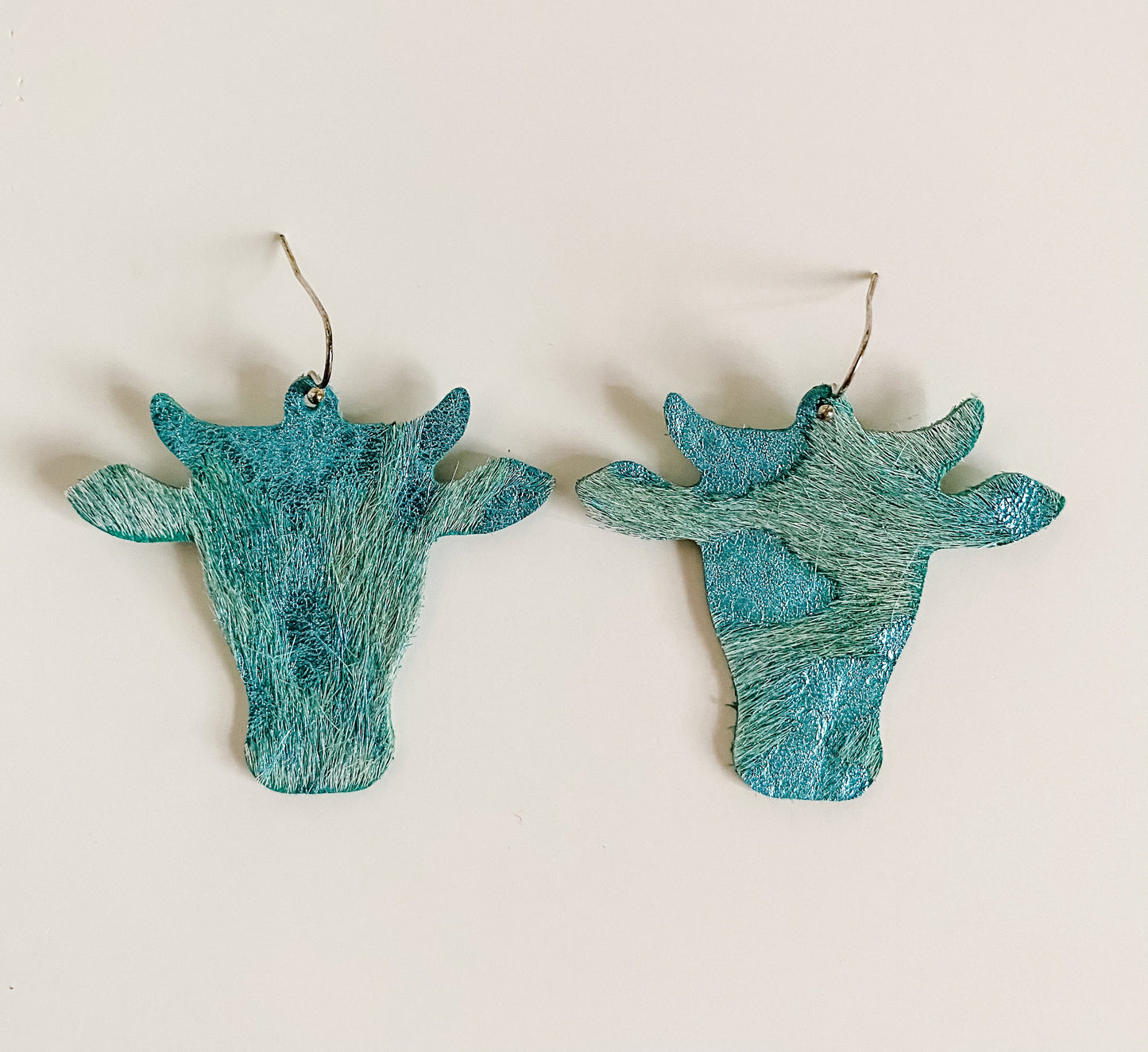 Punchy Cow Earrings in Metallic Teal Acid Wash Hair on Hide, Longhorn Earrings, Steer Skull Earrings, Coastal Cowgirl Western Earrings