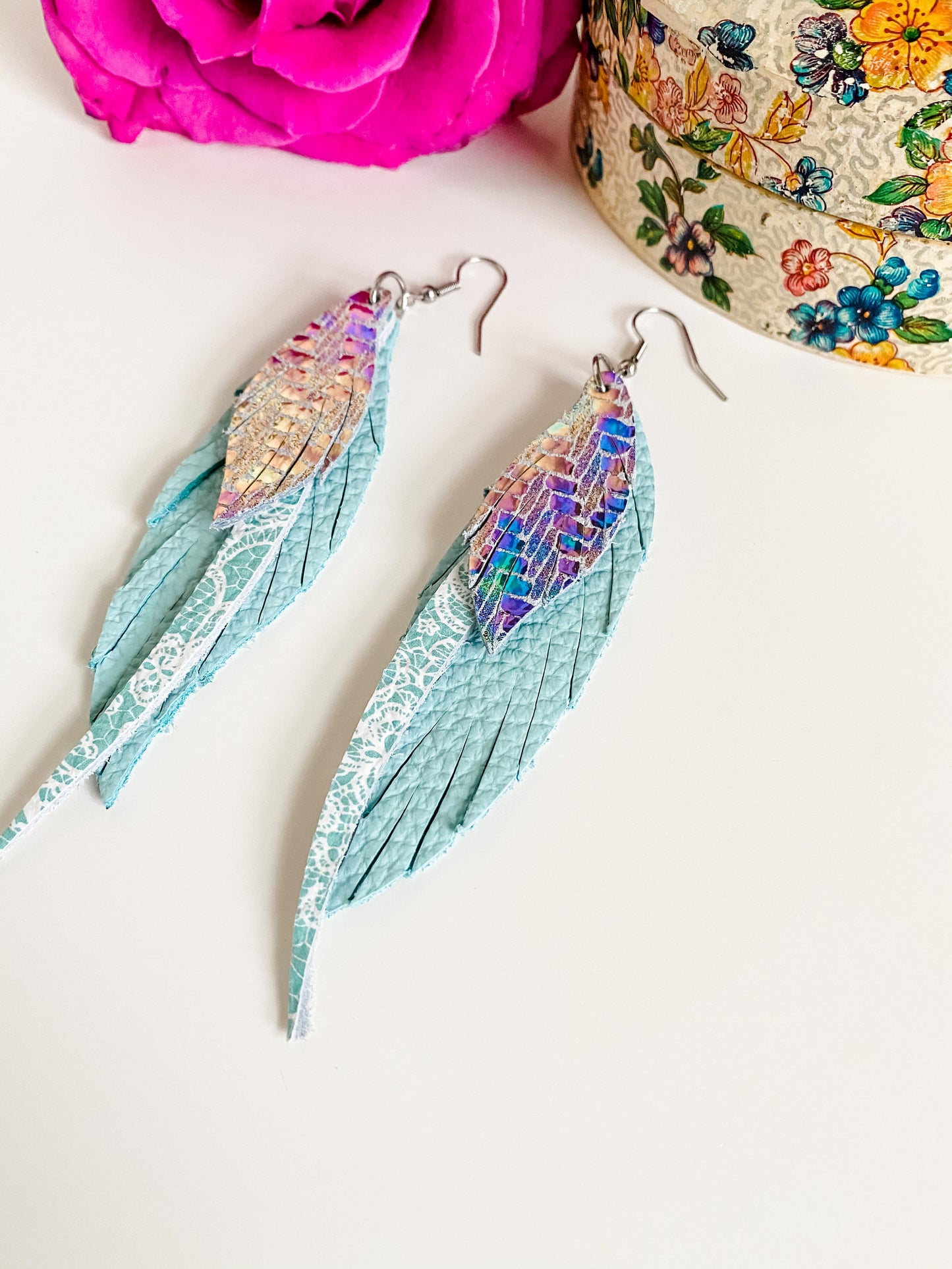 Feather and Fringe Boho Leather Earrings, Iridescent Chevron Print, White Lace on Aqua, Pink Green Blue Metallic Hues, Coastal Cowgirl Style