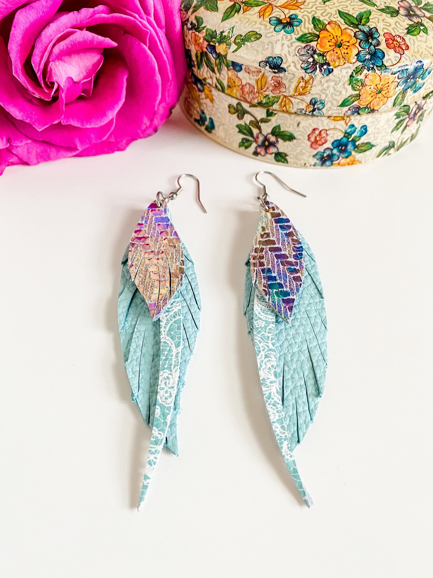 Feather and Fringe Boho Leather Earrings, Iridescent Chevron Print, White Lace on Aqua, Pink Green Blue Metallic Hues, Coastal Cowgirl Style