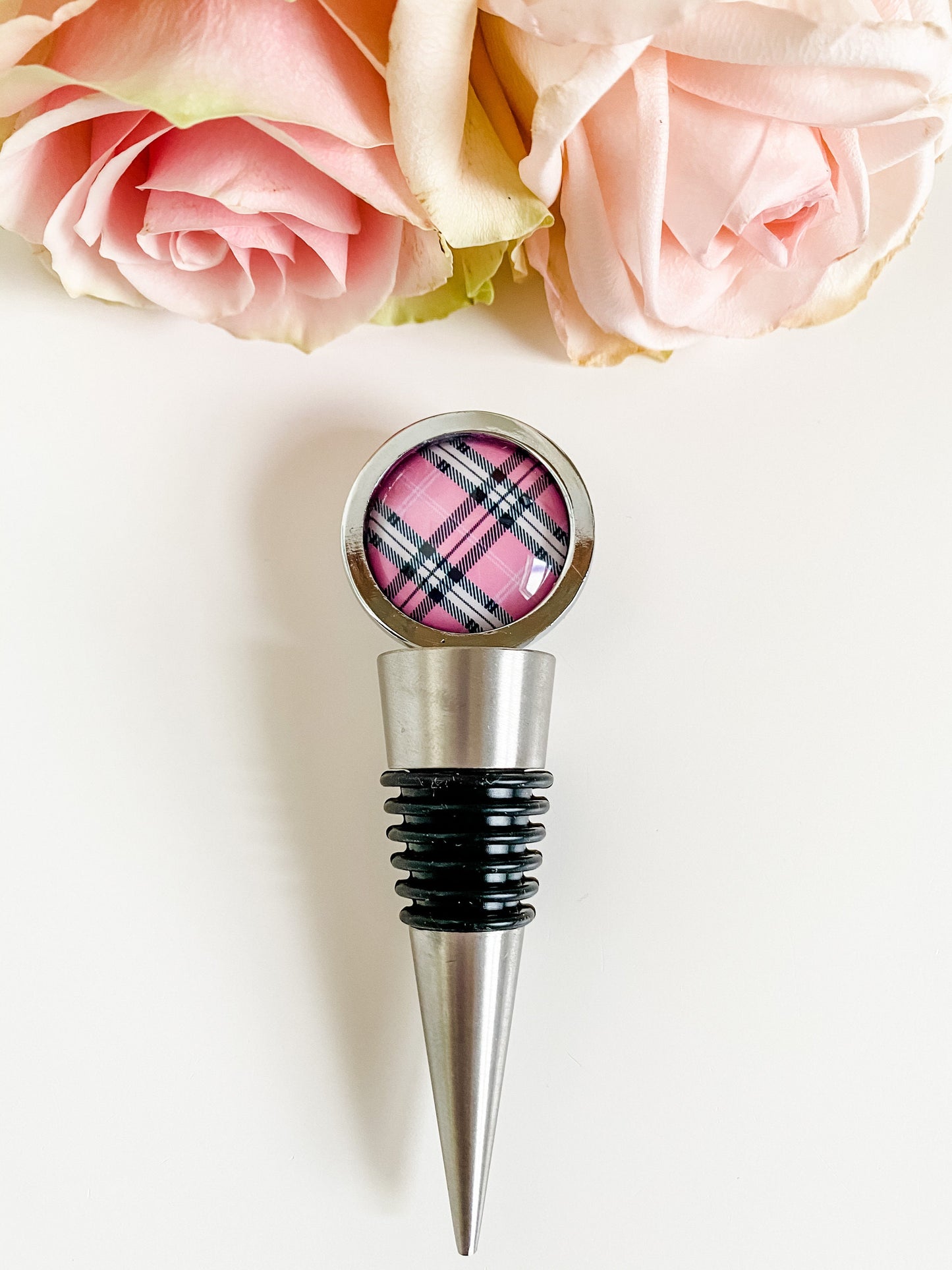 Pink & Black Tartan Plaid Wine Bottle Stopper, Pink Plaid Pattern, Gift for Wine Drinker, Unique Barware, Gift for Woman Who Has Everything