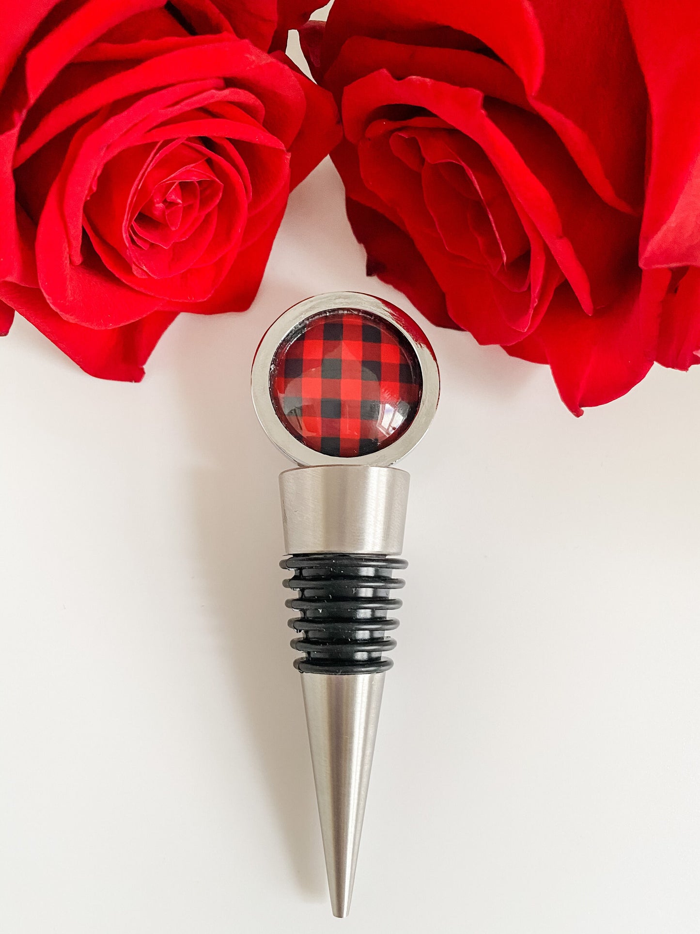 Red and Black Buffalo Plaid Wine Bottle Stopper, Buffalo Check Wine Bottle Stopper, Unique Barware Gift, Holiday Barware, Unisex Gift