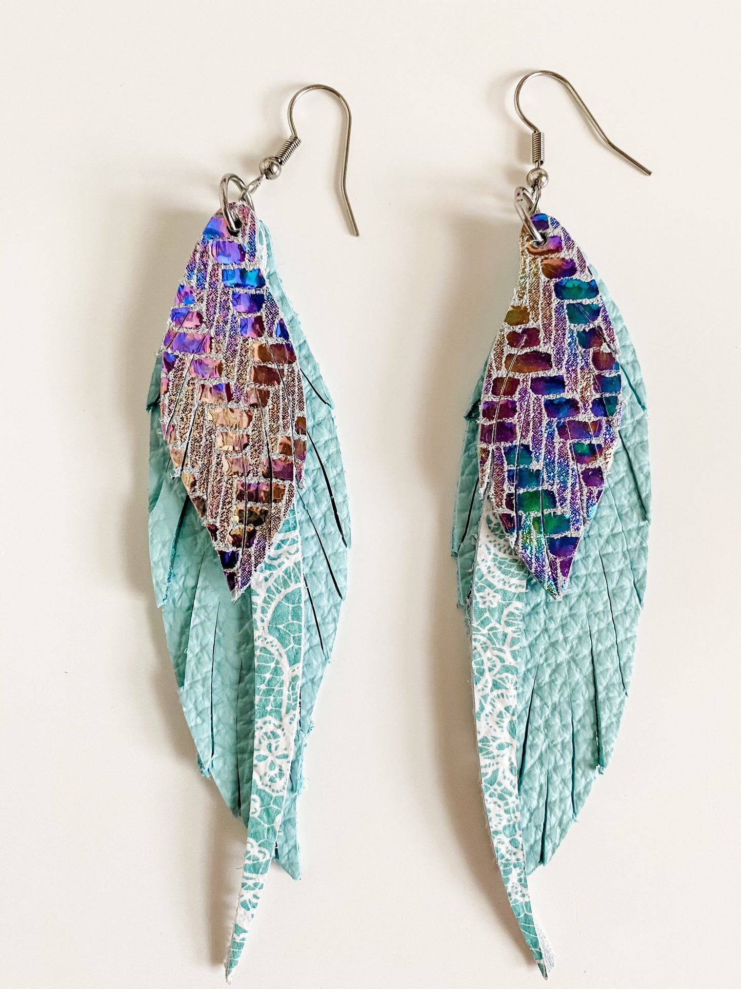 Feather and Fringe Boho Leather Earrings, Iridescent Chevron Print, White Lace on Aqua, Pink Green Blue Metallic Hues, Coastal Cowgirl Style