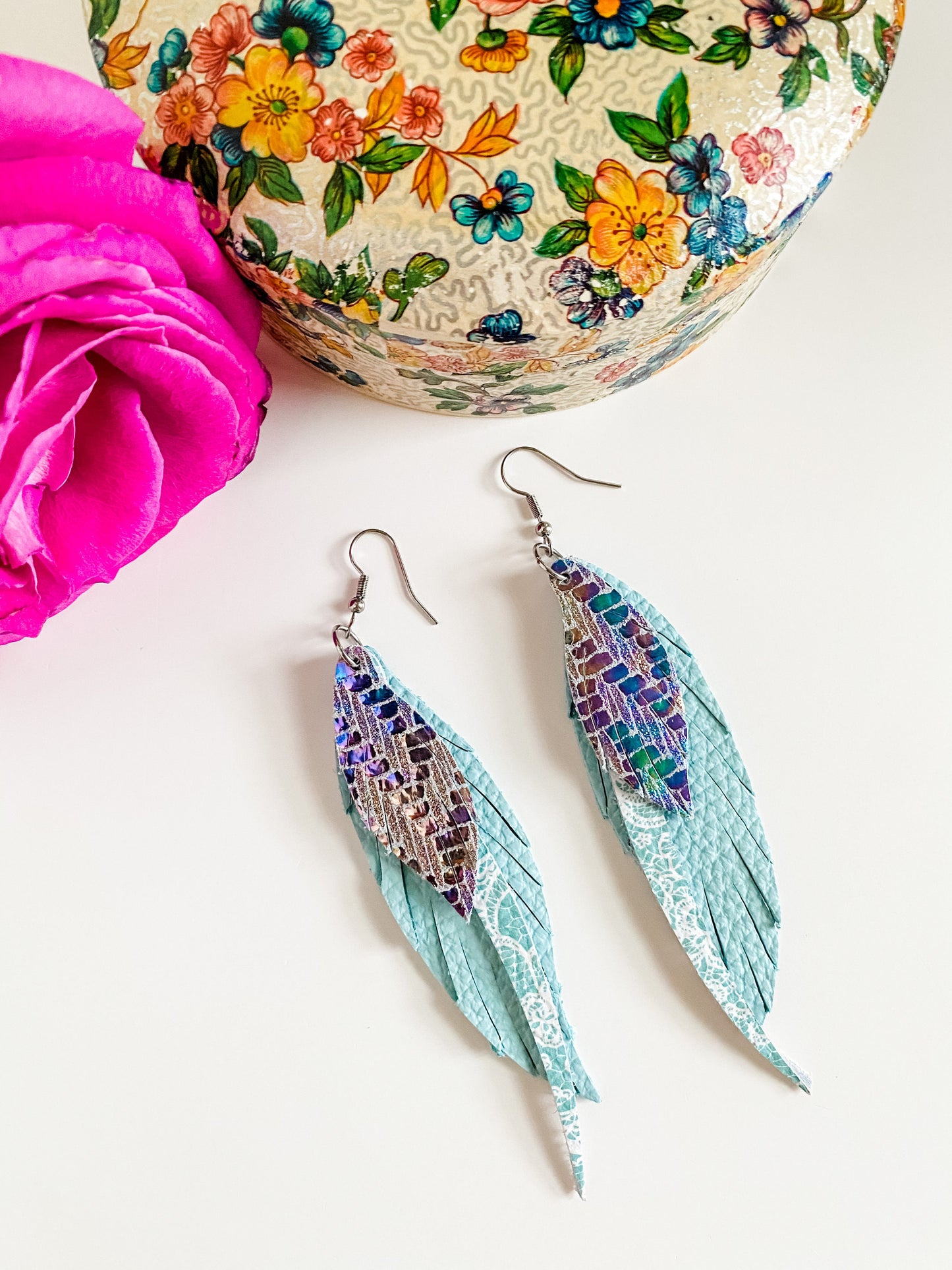 Feather and Fringe Boho Leather Earrings, Iridescent Chevron Print, White Lace on Aqua, Pink Green Blue Metallic Hues, Coastal Cowgirl Style