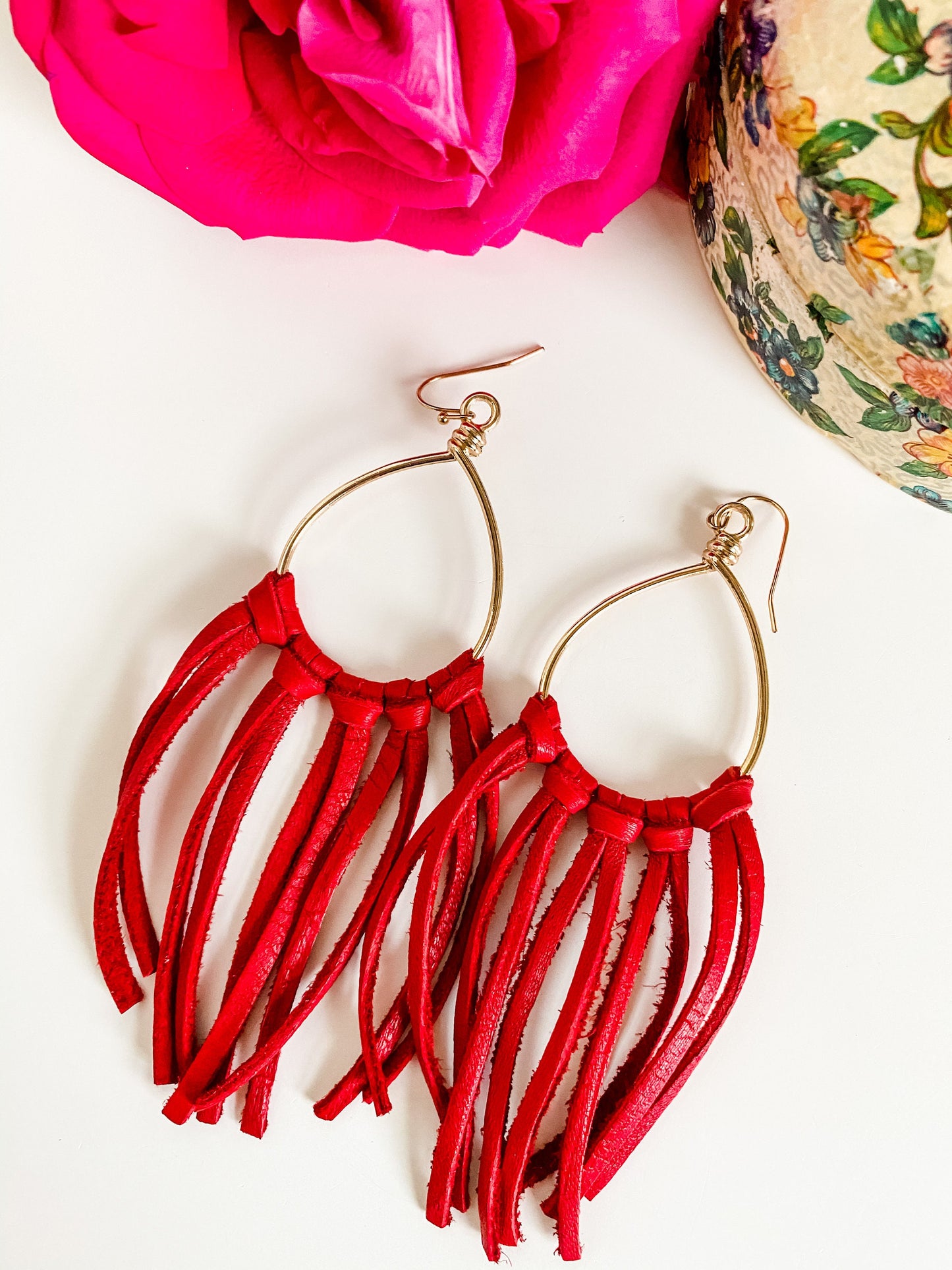 Red Leather Fringe Earrings, Boho Fringe Earrings, Teardrop Hoop Earrings with Red Fringe, Handmade Leather Earrings, Boho Chic Earrings