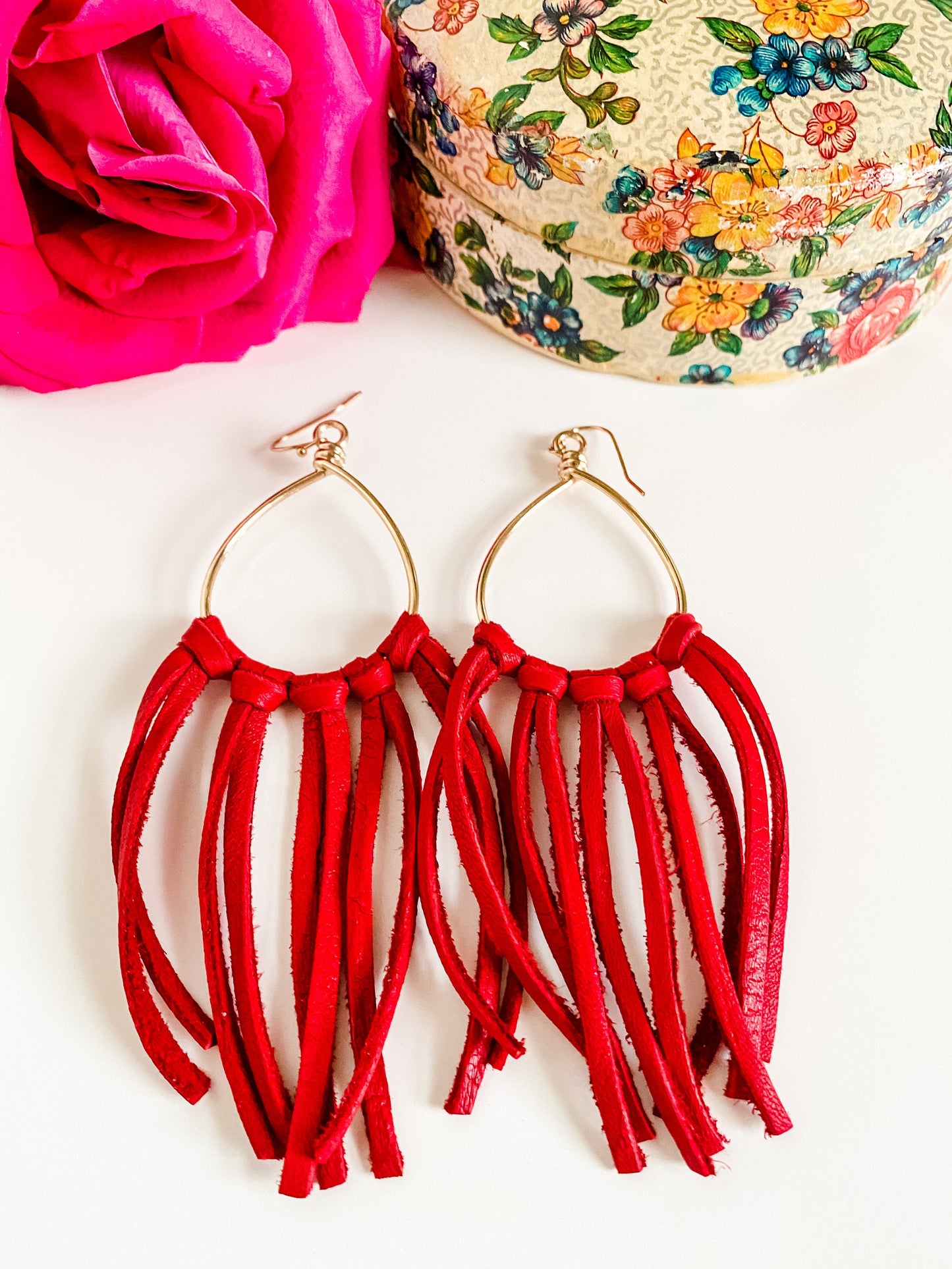 Red Leather Fringe Earrings, Boho Fringe Earrings, Teardrop Hoop Earrings with Red Fringe, Handmade Leather Earrings, Boho Chic Earrings