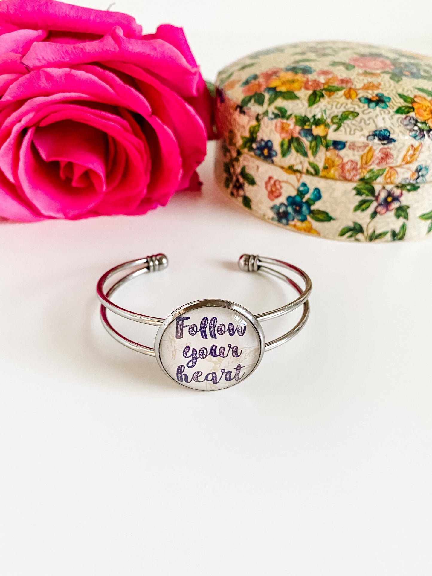 Follow Your Heart Bracelet, Silver Cuff Bracelet with Motivational Saying, Best Friend Birthday Gift for Her, Yoga Jewelry, Galentines Gift