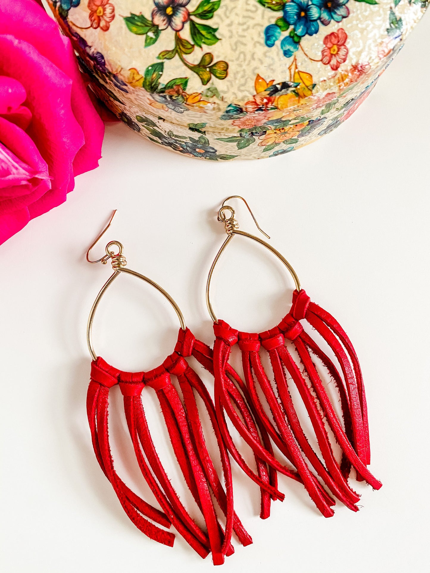 Red Leather Fringe Earrings, Boho Fringe Earrings, Teardrop Hoop Earrings with Red Fringe, Handmade Leather Earrings, Boho Chic Earrings