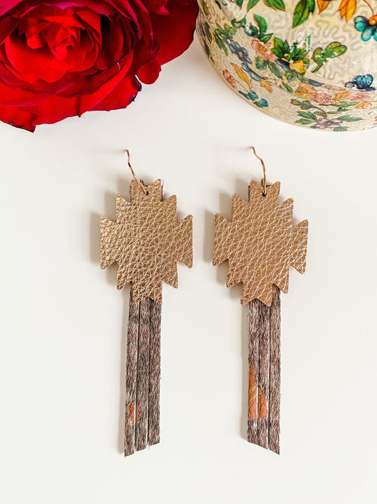 Rose Gold Aztec Fringe Earrings, Metallic Rose Gold Leather and Hair on Hide, Western Coastal Cowgirl Earrings, Punchy Earrings, Aztec Cross