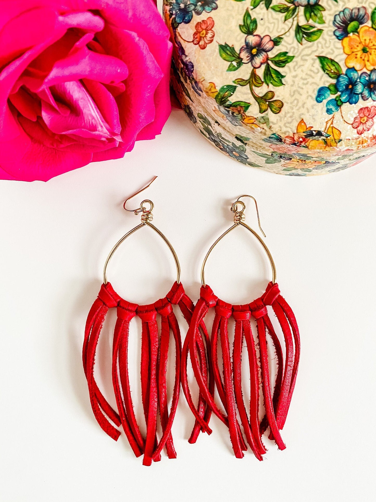 Red Leather Fringe Earrings, Boho Fringe Earrings, Teardrop Hoop Earrings with Red Fringe, Handmade Leather Earrings, Boho Chic Earrings