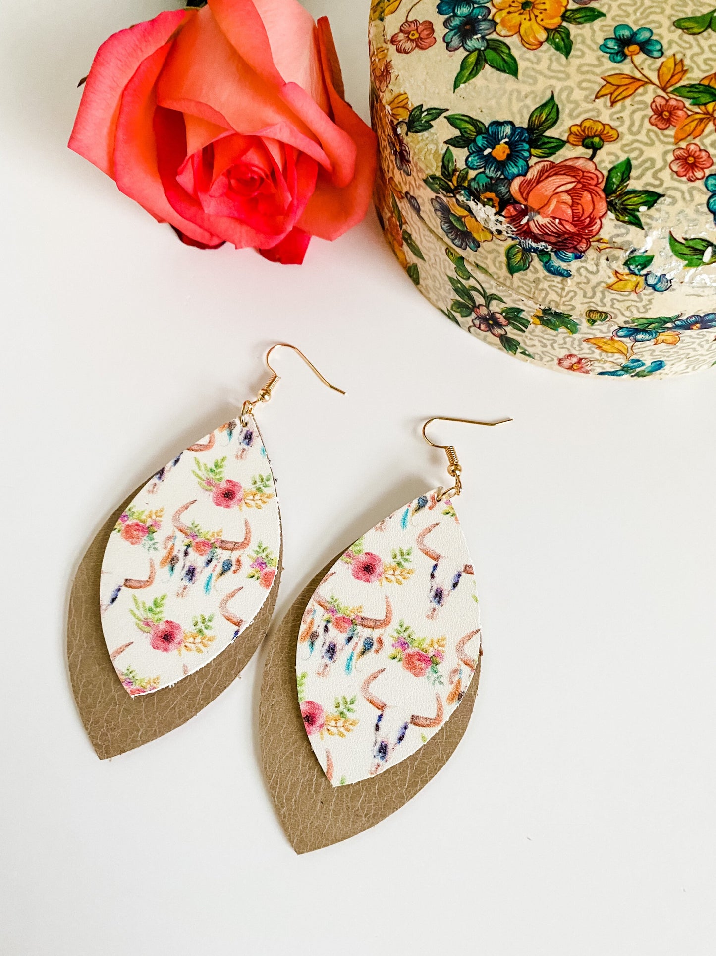 Bohemian Steer Skull Earrings, Tan Distressed Leather, Western Floral Cow Skull Print Leather, Western Coastal Cowgirl Chic Earrings