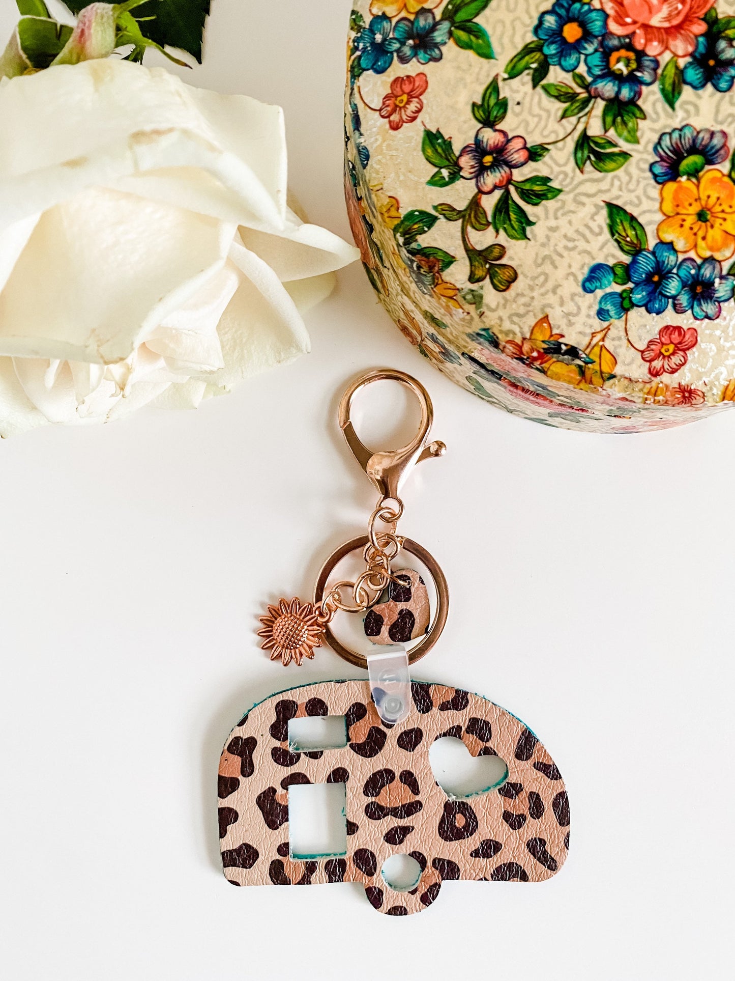 Vintage Camper Keychain, Bag Charm, Rose Gold Teal Floral Embossed Leather, Cheetah Print, Sunflower and Heart Charms, Gypsy Wagon Keychain