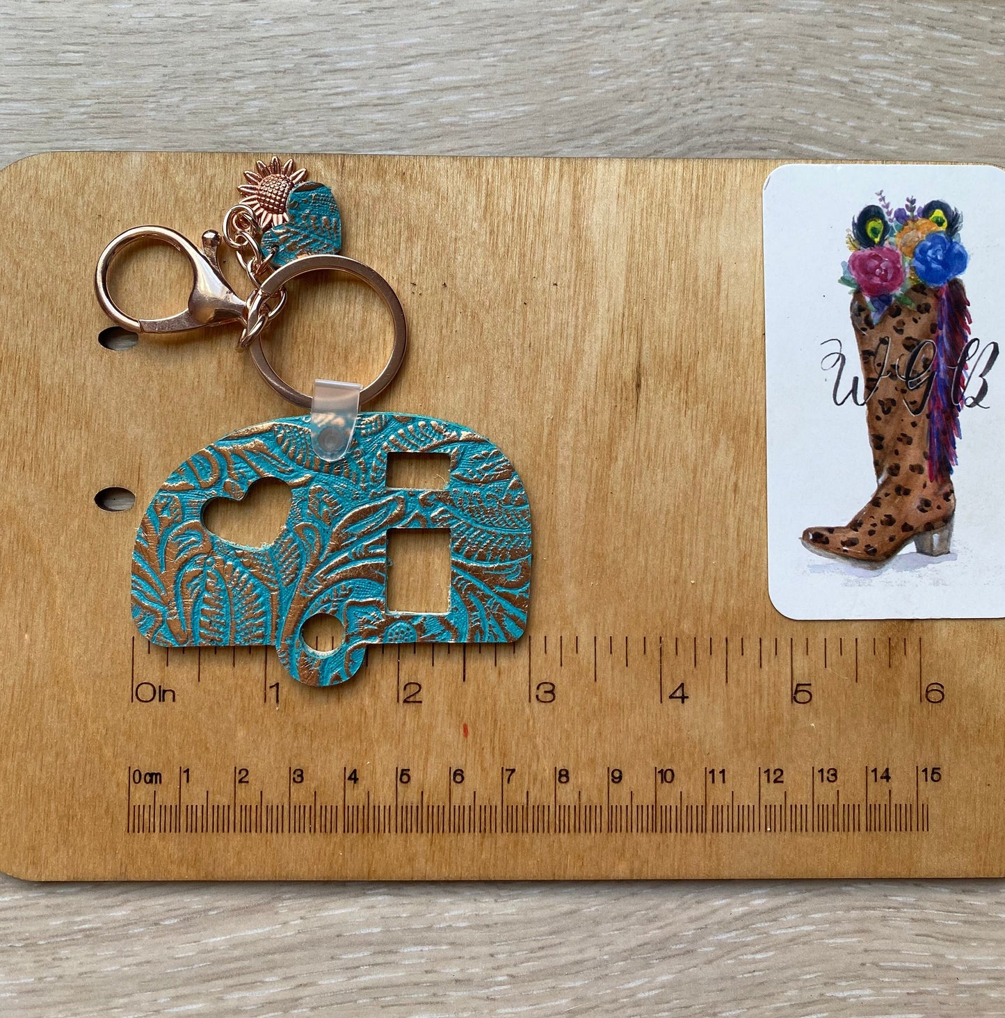 Vintage Camper Keychain, Bag Charm, Rose Gold Teal Floral Embossed Leather, Cheetah Print, Sunflower and Heart Charms, Gypsy Wagon Keychain