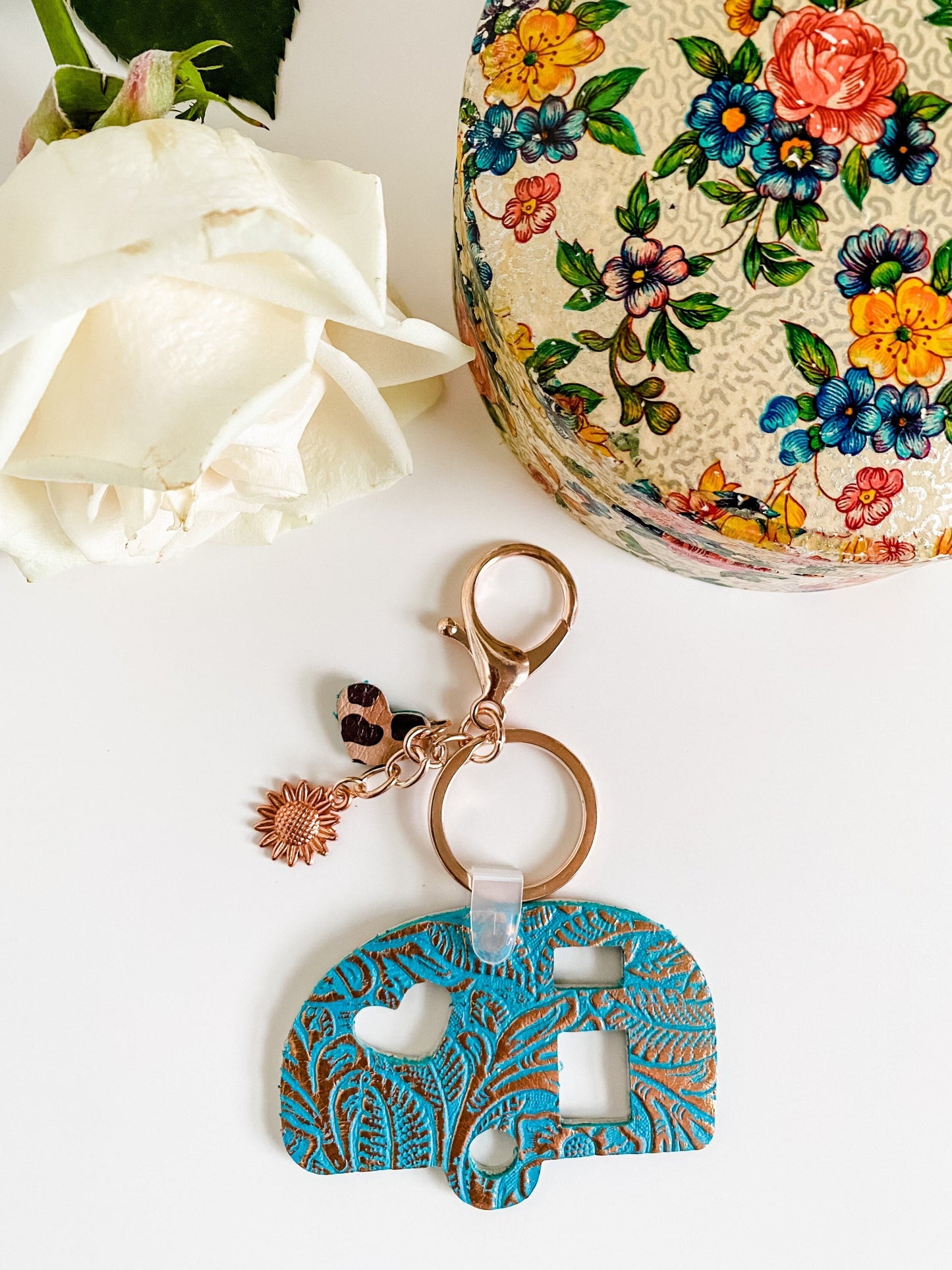 Vintage Camper Keychain, Bag Charm, Rose Gold Teal Floral Embossed Leather, Cheetah Print, Sunflower and Heart Charms, Gypsy Wagon Keychain