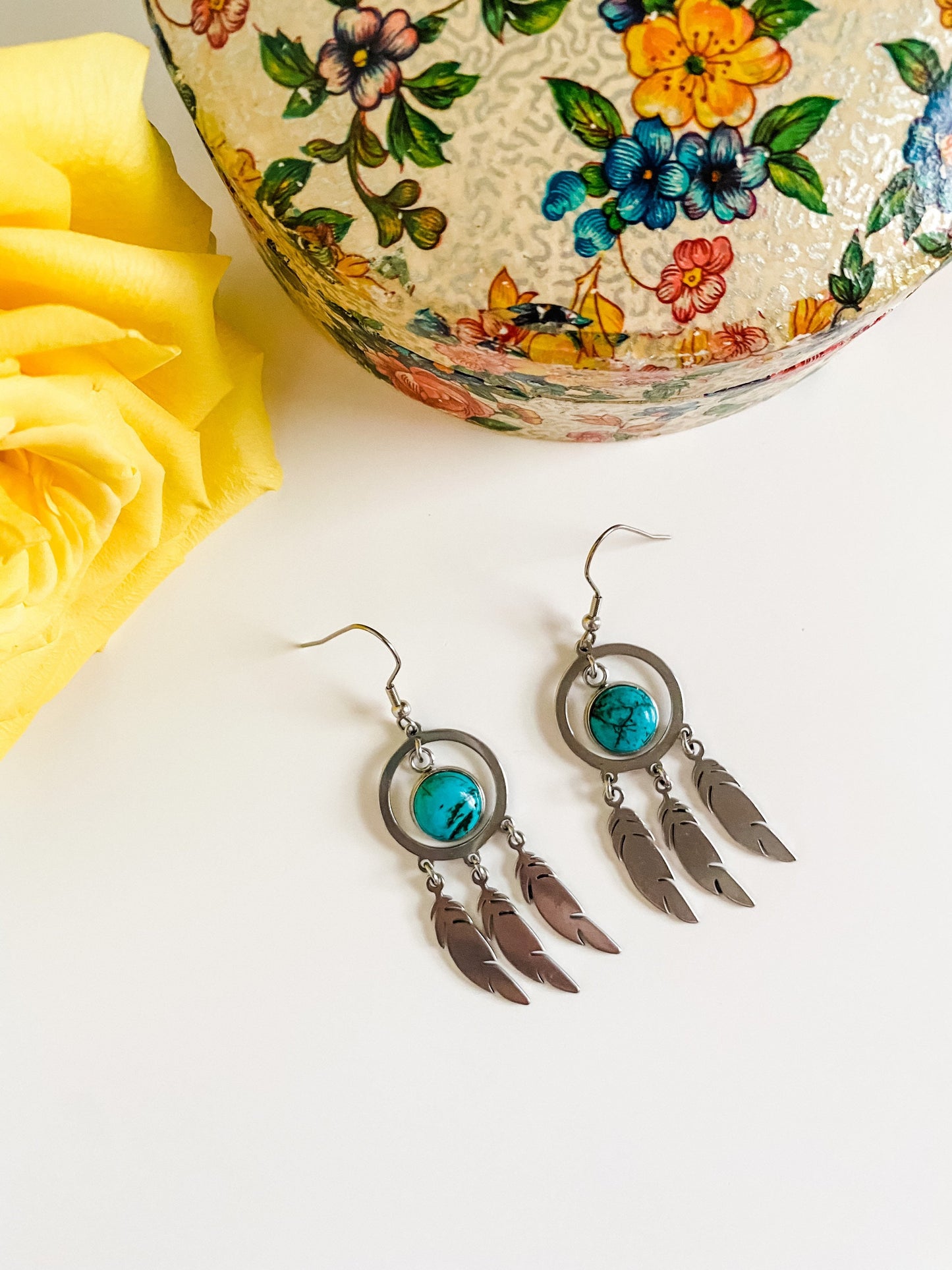 Turquoise Dream Catcher Earrings, Faux Turquoise Dangle Earrings, Southwestern Earrings, Coastal Cowgirl Chic Earrings, Gift for Cowgirl