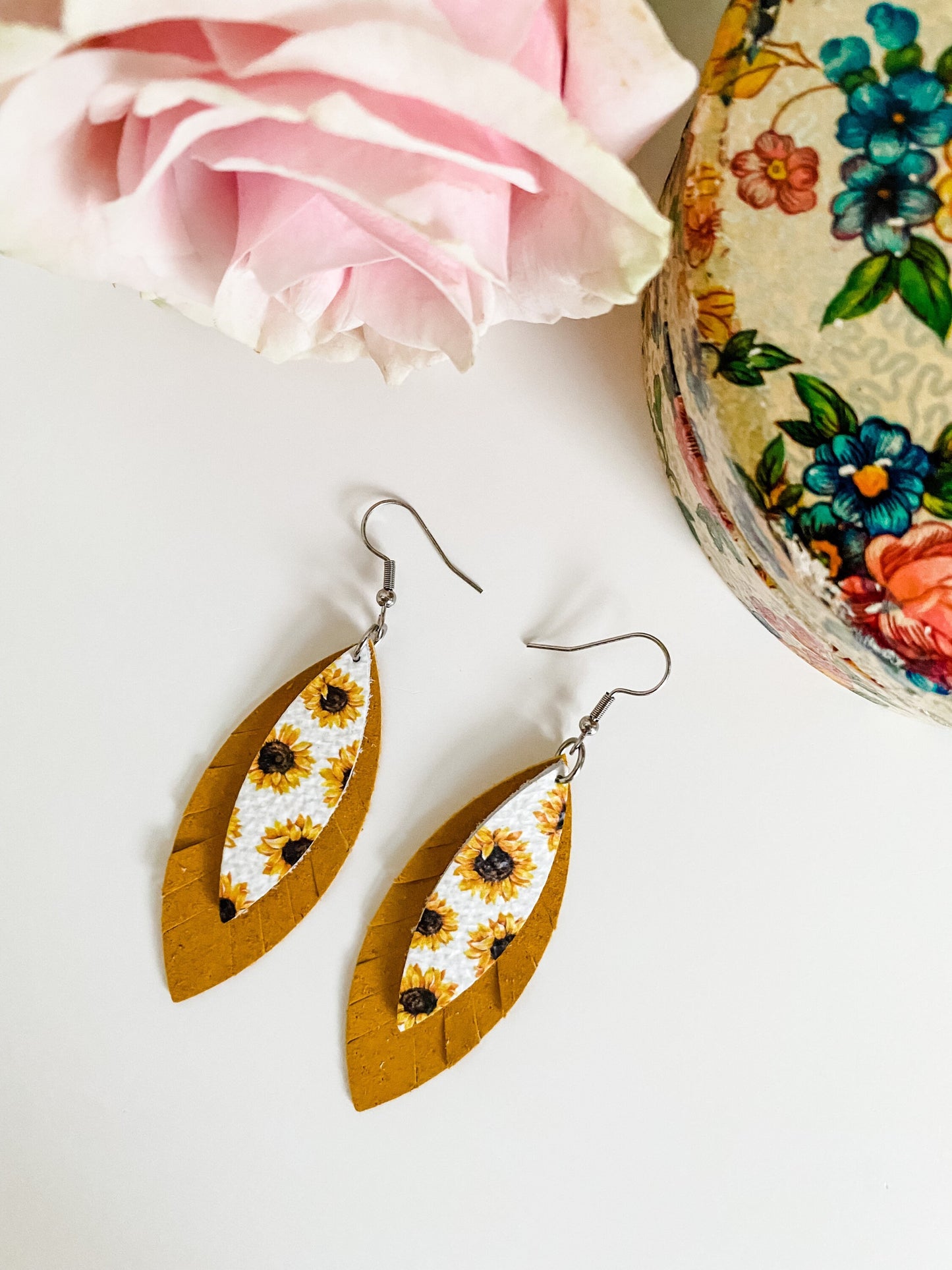 Boho Sunflower Earrings, Leather Fringe Feather Earrings, Sunflower Print Leather, Mustard Yellow Suede