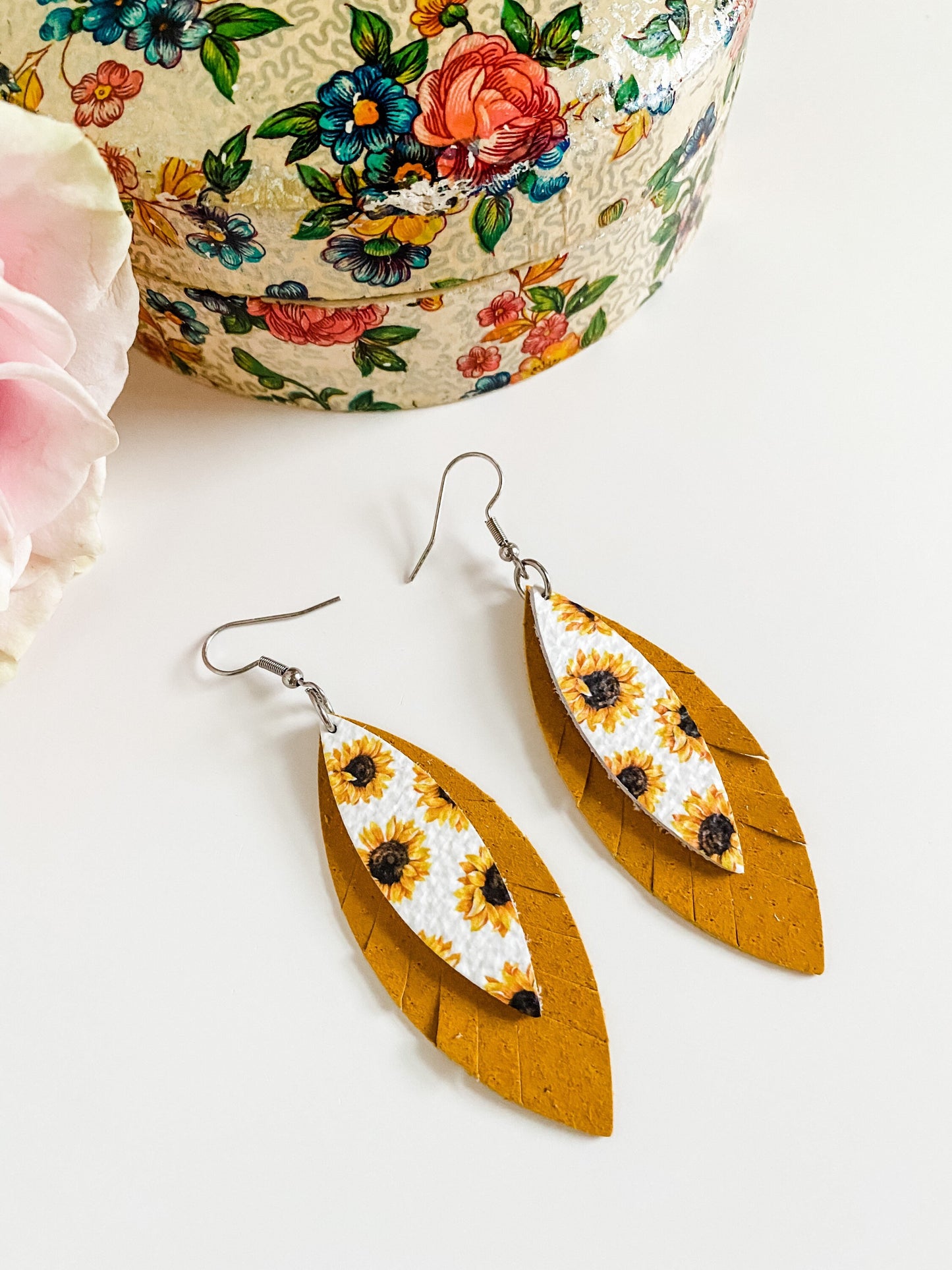 Boho Sunflower Earrings, Leather Fringe Feather Earrings, Sunflower Print Leather, Mustard Yellow Suede