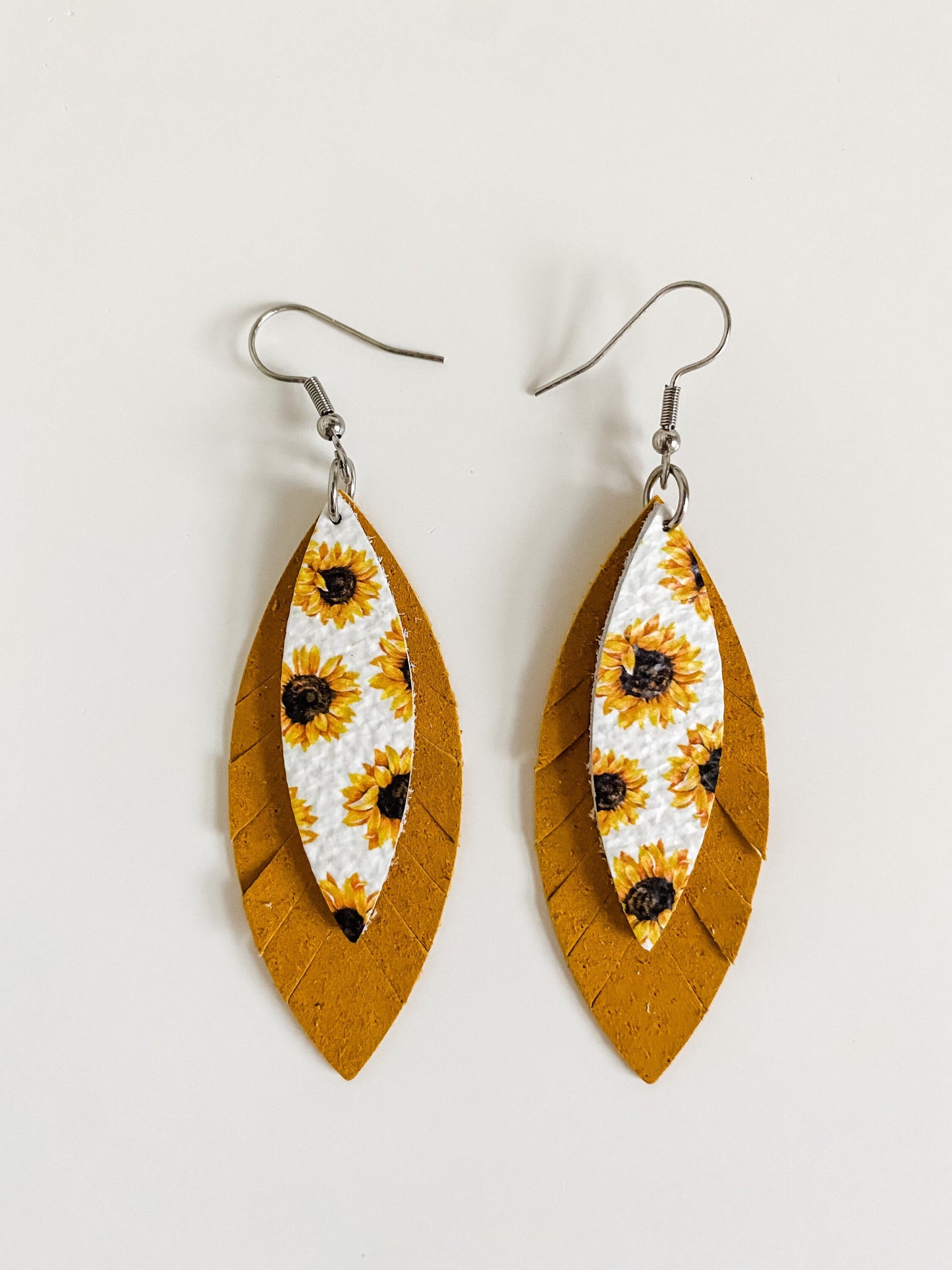 Boho Sunflower Earrings, Leather Fringe Feather Earrings, Sunflower Print Leather, Mustard Yellow Suede