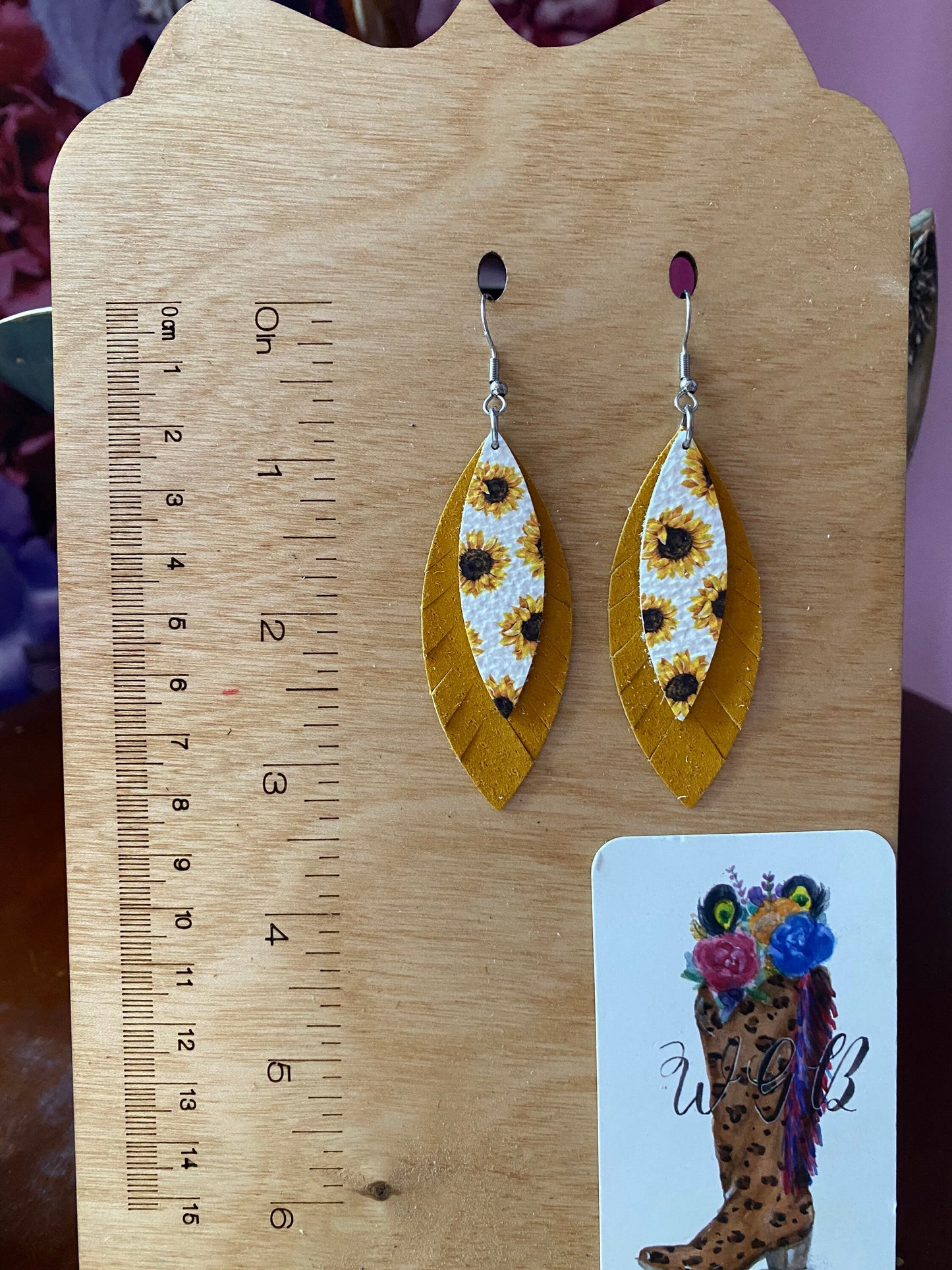 Boho Sunflower Earrings, Leather Fringe Feather Earrings, Sunflower Print Leather, Mustard Yellow Suede