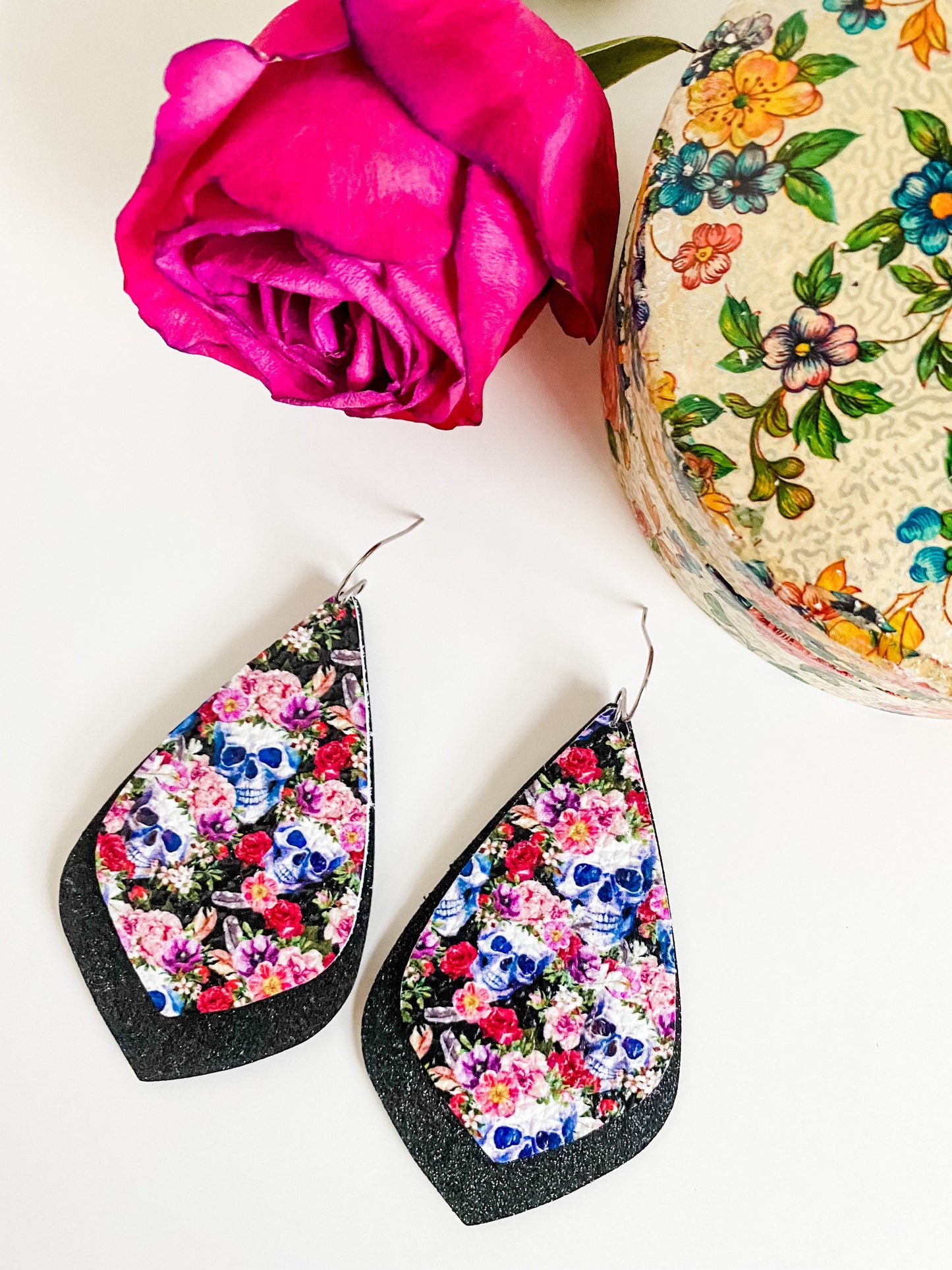 Skull Earrings, Skulls and Roses Print, Black Glitter Leather, Spooky Season Earrings, Whimsigoth Earrings, Quirky Skull Earrings