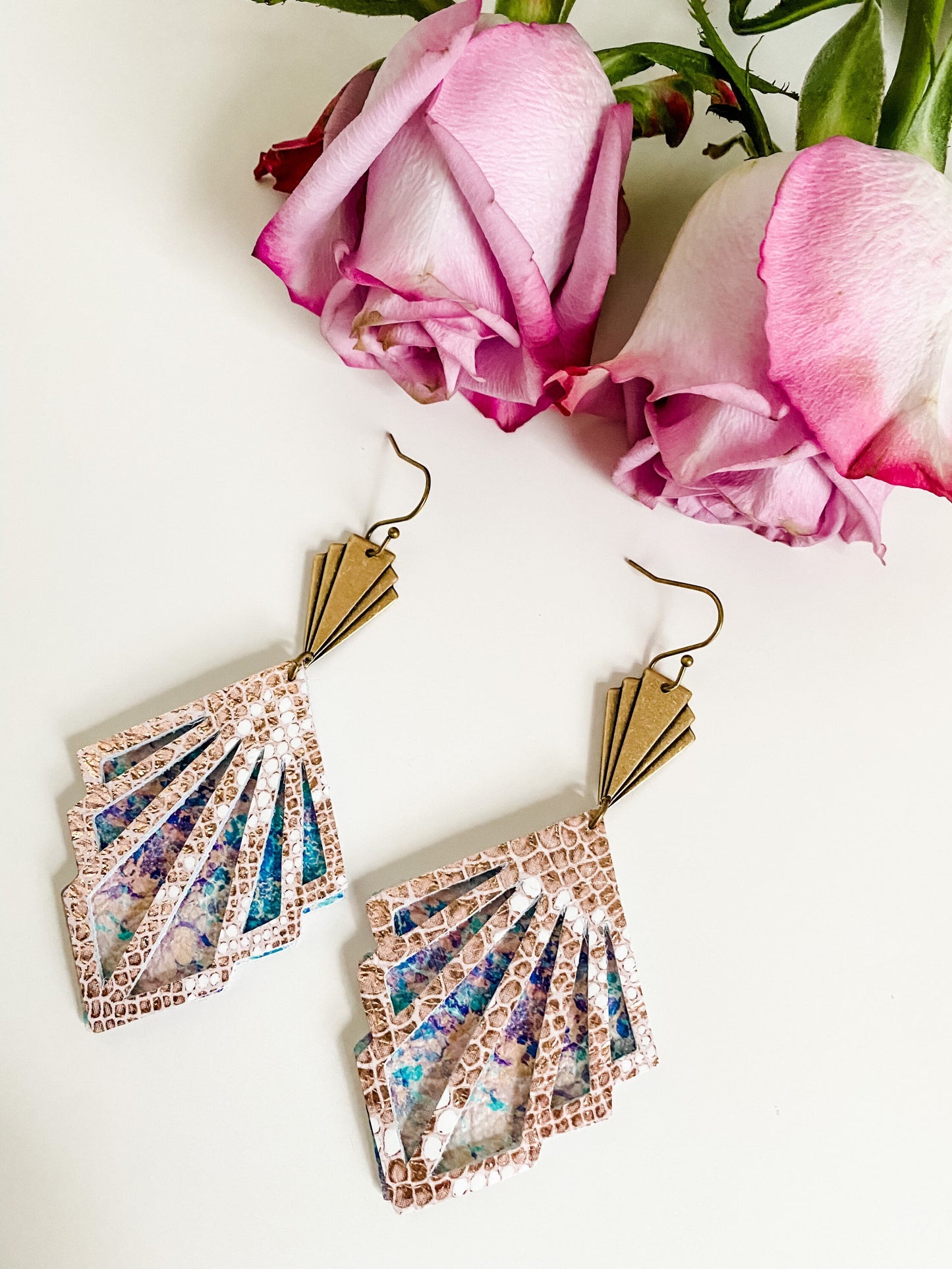 Art Deco Inspired Earrings, Boho Deco Earrings, Rose Gold Snake Print, Blue Marbled Leather, Boho Chic Statement Earrings, Festival Fashion